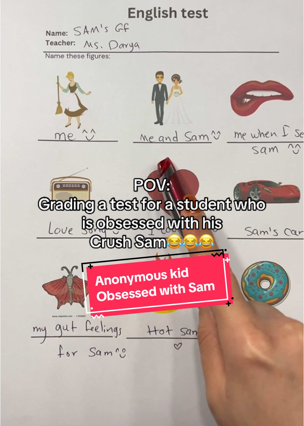 Grading a test for a student who is obsessed with his Crush Sam😂😂😂 #funnyteacher #student #grading #school #crush #gradingpapers 