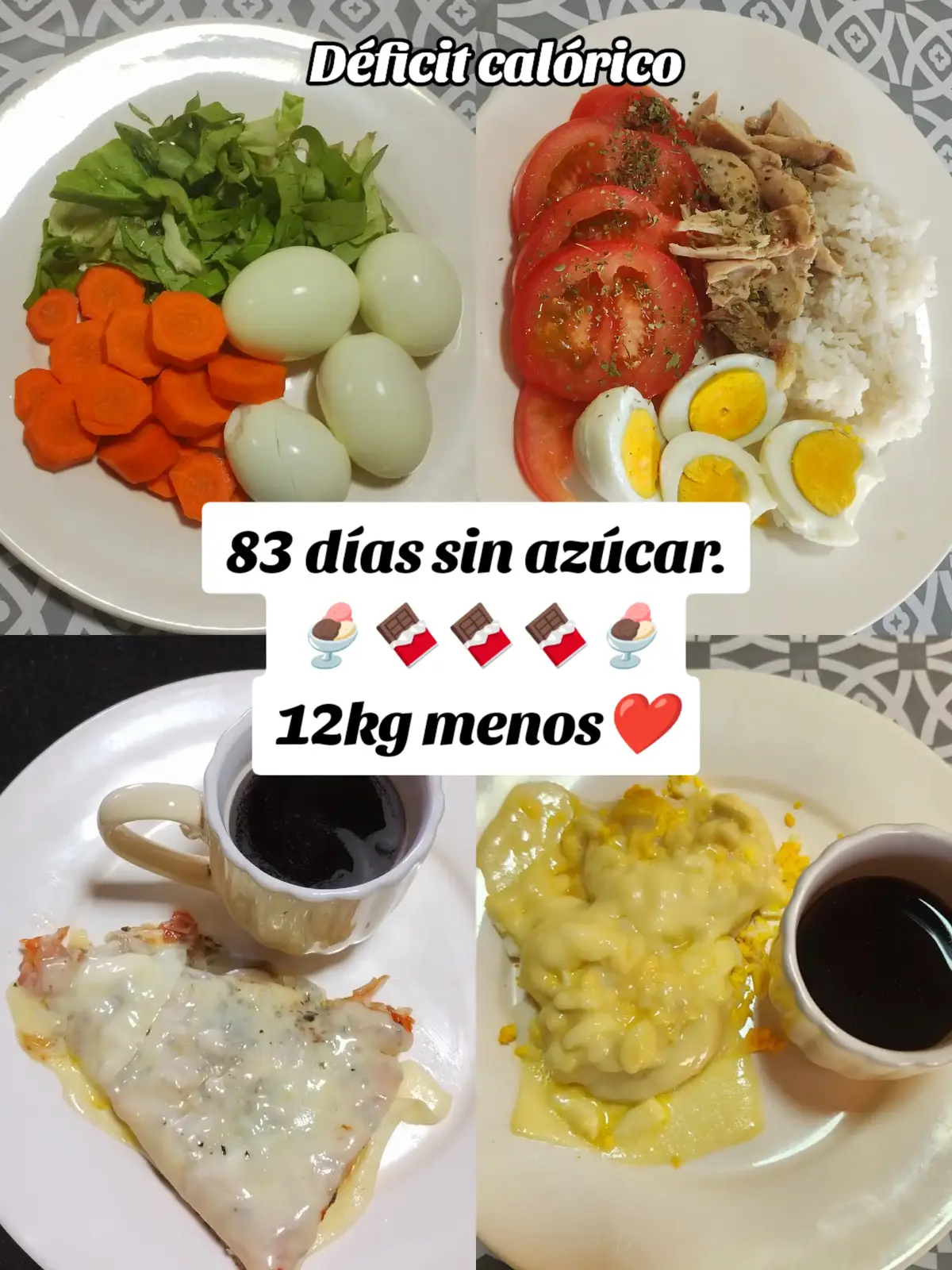 83 días en déficit calórico y sin azúcar agregada. Sin azúcar de mesa, chocolates, postres, refrescos. Opté por eliminar ese tipo de azúcar ya que soy adicta y casi no me controlo.  Voy bajando 12 Kg.  Me peso todos los domingos no sé si está bien o mal . Pero de a poco vamos. A seguir si Dios quiere.  #déficitcalorico  #comidassaludables  #perderpeso #alimentacionsaludable  #azucar #cambiodehabitos  #healthyfood #diasaludable 