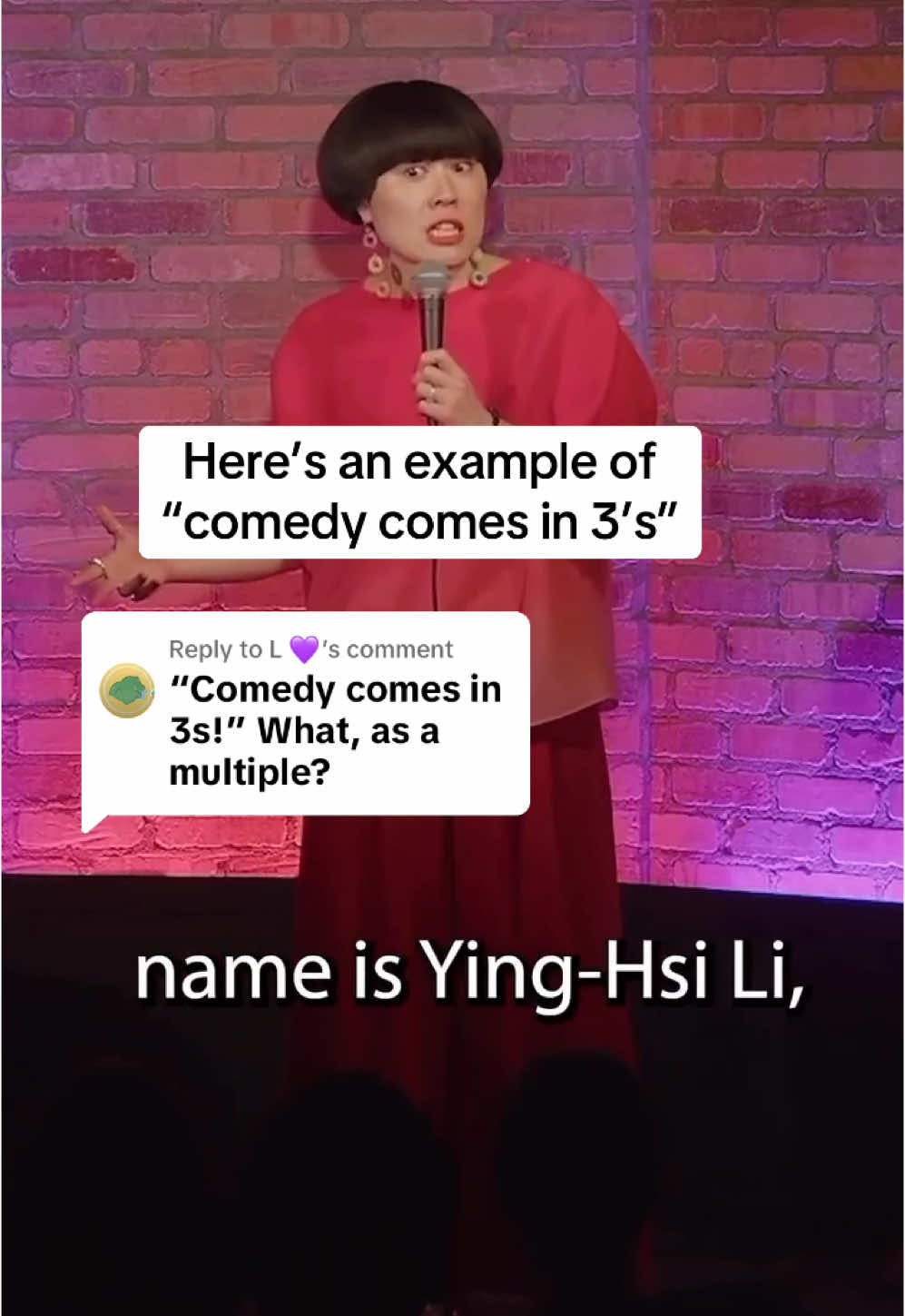 Replying to @L 💜 ♥️ The rule of 3’s is usually used in listing things. So here I listed 2 names, both Asian, then “Linda” being the unexpected third name (this is true by the way 😂 my mom does go by Linda) but! This is still just a part of the set up of the joke, not the whole joke. I’ve baked in tension by naming what the “problem” is- the rest of what I say in this clip will paint the bigger picture and ultimately, the punchline. Stay tuned for more comedy tips🤓I’m a nerrrd