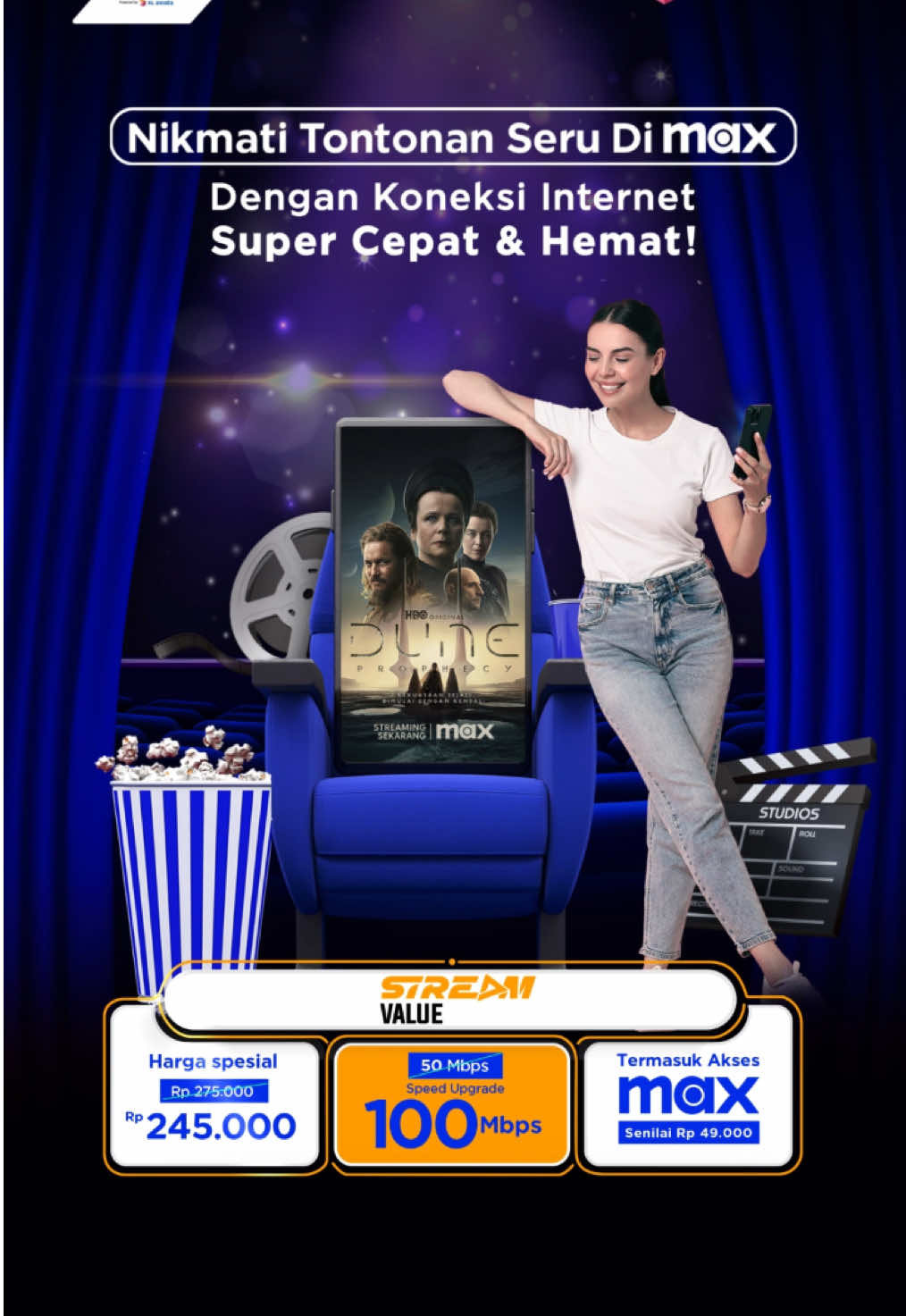 Nikmati pengalaman nonton lebih seru di Max bareng #FirstMediaPoweredByXLAxiata! Langganan paket Stream Value dan dapatkan harga spesial mulai dari Rp245.000/Bulan, upgrade kecepatan internet hingga 100 Mbps, dan akses konten eksklusif Max tanpa biaya tambahan. ✨ Yuk #JadiLebihTerkoneksi dengan streaming tanpa hambatan dan hiburan puas tanpa batas! Segera langganan paket Stream sekarang dan nikmati konten yang lebih seru dan menarik dari Max. #MaxAsia 