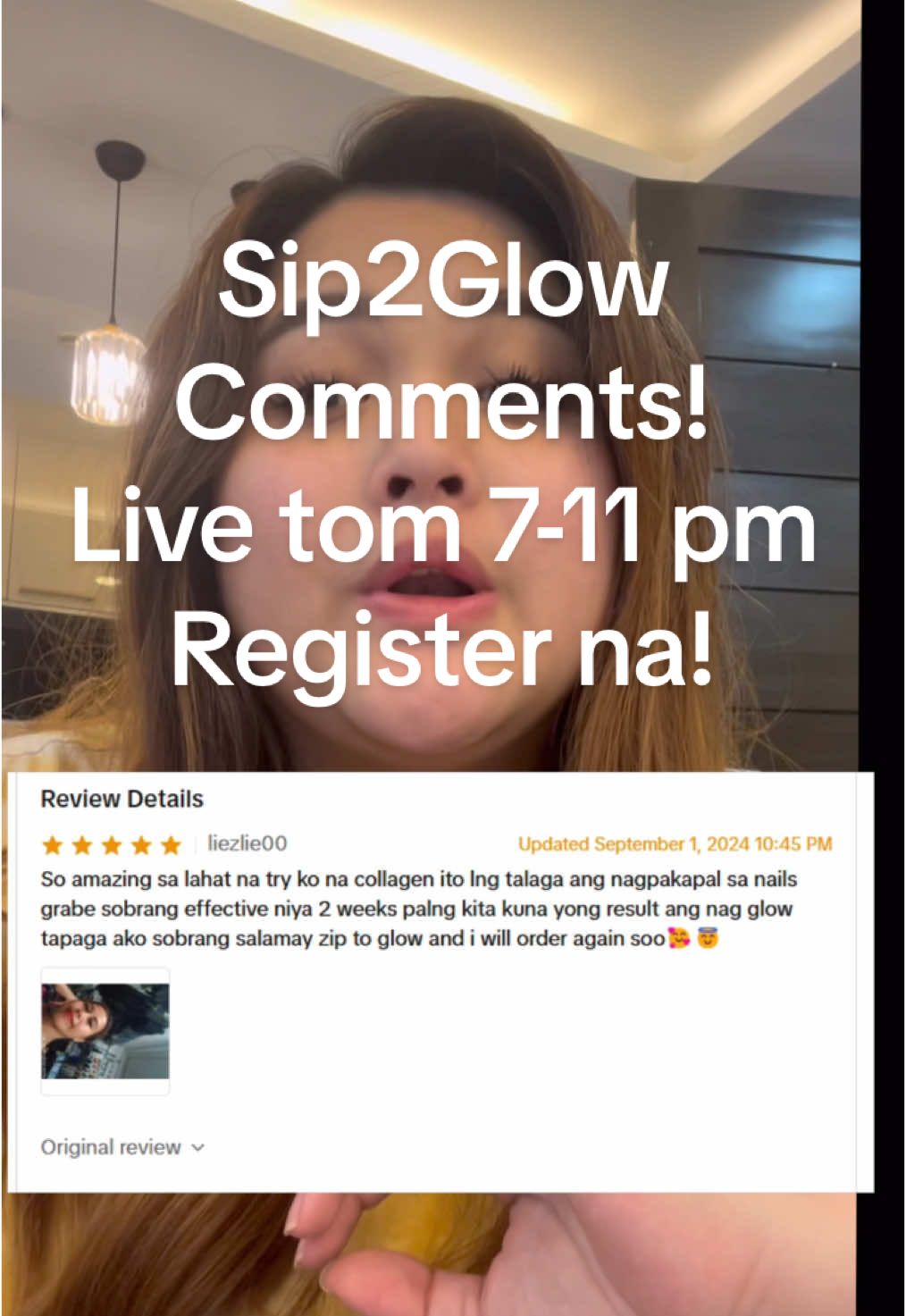 @Sip2Glow Comments/ Reviews Grabe so much positive feedback! Ready ka na ba sa Biggest Sale ever tom ng Sip2Glow!  Register na sa LIVE ko para sa FREE Always on the GLOW wrap!  #sip2glow 