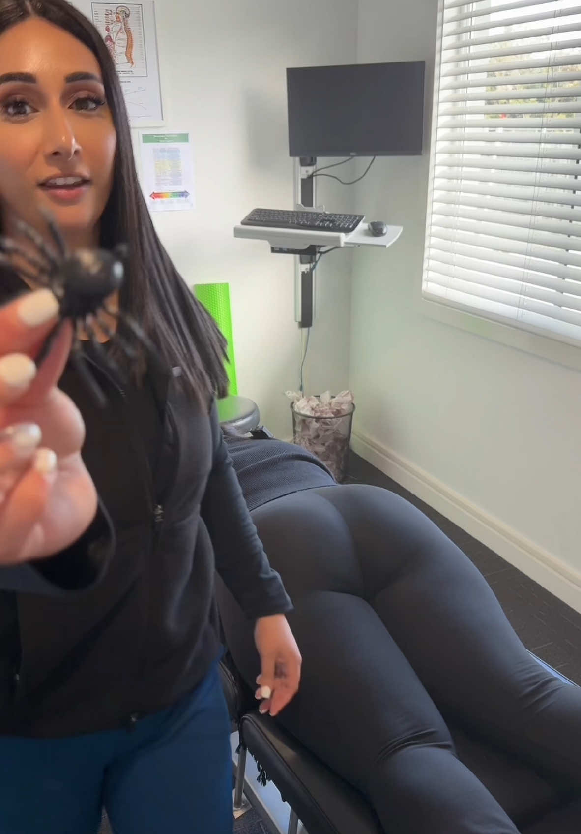 A little birdie told me Linda was planning to scare me with a fake spider, so I decided to beat her to it 🥰 #drmarykalandos #chiropractors #loudcracks #adjustment #prank #fakespider #spiderprank 