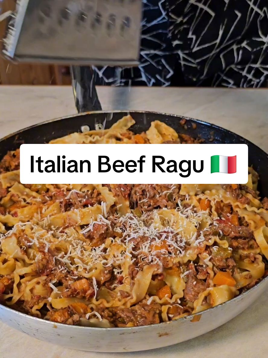 Italian Beef Ragu 🇮🇹🍝 (Save For Later🍷) Classic Italian beauty with melt in your mouth pulled beef in a gorgeous tomato sauce👌 Let me know what you think 👇 Ingredients 1.2kg Black Angus Rib Roast 3tba Olive Oil 3 cloves Garlic 1 Onion 2 Stalks of Celery  2 medium Carrots 400 ml Red Wine 500ml Peeled Tomatoes 300ml Beef Stock 2 Bay Leaves 1tsp Salt & Pepper For serving 500 g Mafalfine Pasta  Freshly grated Parmesan Cheese #beefragu #italianragu #pulledbeef #pressurecookerrecipe #italianrecipe #italianpasta #ragu