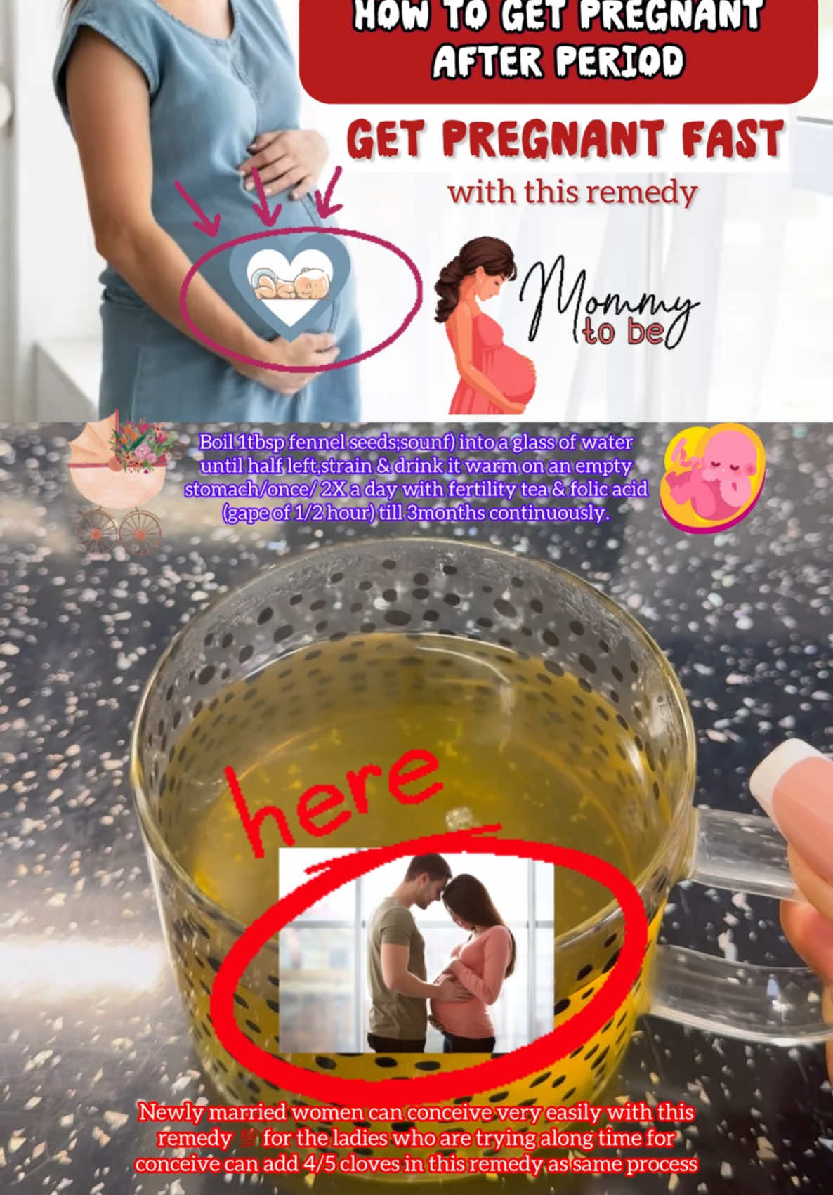 Simple recipe to get pregnant after period 💯🫶🏻👇👇 Boil 1tbsp fennel seeds;sounf) into a glass of water until half left,strain & drink it warm on an empty stomach/once/ 2X a day with fertility tea & folic acid (gape of 1/2 hour) till 3months continuously. 👇👇👇 Newly married women can conceive very easily with this remedy 💯 for the ladies who are trying along time for conceive can add 4/5 cloves in this remedy as same process 🙏🏻 #getpregnantfast #pregnant #pregnantlife #pregnancy #pregnanttiktok #fertility #women #lady #ladies #healthcare #SelfCare #fyp #fypageシ #fypagee #fypagetiktok #foru #foruyou #foryoupage❤️❤️ #4you