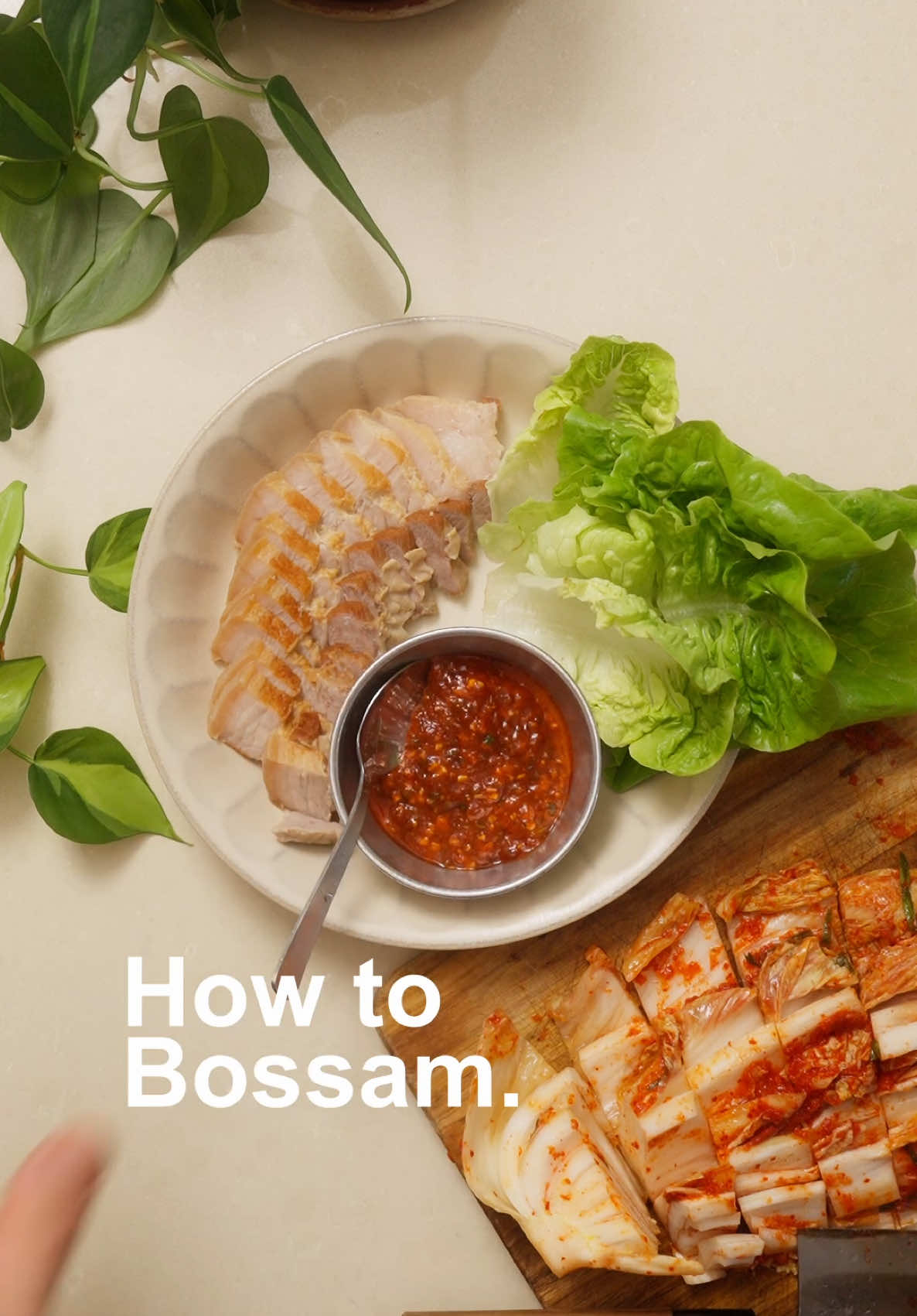 Making Bossam after a successful batch of kimchi seems like the only right thing to do. Bossam Recipe  Pork Belly 800g Onion 1/2 pc Garlic 4 clove  Doenjang 1 tbs Salt 1 pinch  Water enough to cover meat Ssamjang Sauce  Doenjang 1tbs Gochujang 1tbs Spring onion 1 sprig Garlic 1 clove  Sesame oil 1tsp 1) sear pork on all sides, remove & sweat aromats 2) return pork & all other ingredients. Simmer for 1 hour or until soft 3) cool pork down & slice into thin strips 4)serve with fresh lettuce, kimchi & ssamjang #bossam #koreanfood #EasyRecipe #DinnerIdeas 