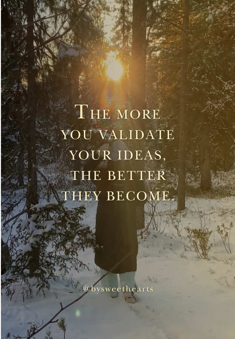 💎 Self-validation is the process that transforms your thoughts into actionable, impactful realities. Ideas, in their raw form, are like uncut diamonds — they hold potential, but they need refinement to truly shine. Validation is the key to unlocking that potential. 🕯️ Validating your ideas starts with asking yourself deepening questions: Does this idea align with my values? What does it truly mean to me? When you reflect on your ideas, you filter out distractions and focus on what truly matters. Clarity turns abstract thoughts into goals with purpose and direction. 💭 Sharing your ideas with mentors, peers, or a trusted community gives you new perspectives and constructive insights. And yes, others can spot opportunities that you might overlook, but take those as guiding pieces toward excellence. 👑 LET SOMEONE ELSE’S OPINION OF YOUR PLANS AND GOALS BE EITHER EXTRA SUPPORT OR A DISTRACTION FROM THEM. ✨ By providing yourself with validation, you build belief in yourself and your ability to create. This self-assurance becomes a cycle: validated ideas lead to better results, which fuel greater confidence for future ideas. - Siiri the Sweetheart💝 . . . . . . #expansion #growth #mindset #transformation #becoming #self #selfimprovement #selfdevelopment #dailyquotes #bysweethearts