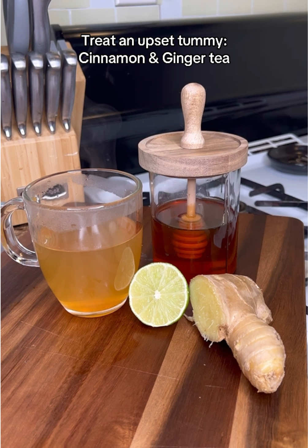 ginger helps treat nausea, vomiting, and is known to help speed up food through the GI track. Cinnamon helps relieve stomach discomfort, diarrhea and indigestion. The perfect combo for an upset tummy 🫖  Ingredients: 2 pieces of ginger (more to taste)  1/2 lime + peel  4 cinnamon sticks  4 cups water *Sweetener (personal preference) *I am not a doctor or holistic healer, the statements made in this video are from personal experience and Google. Please consult a professional for your medical questions! I hope you feel better! #bigmamacooks #tea #gingertea #cinnamontea #homeremedies