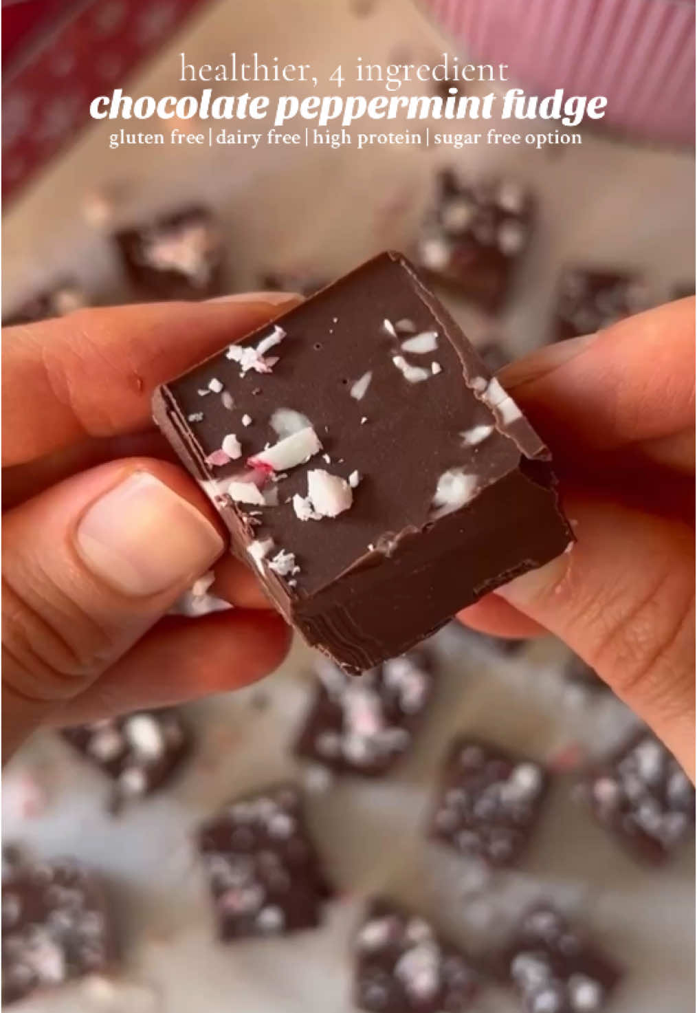 4 ingredient chocolate peppermint fudge! it’s gluten free, dairy free, and high protein, and can even be made sugar free. Ingredients: •9oz dark or semi-sweet chocolate (I like to use dairy free and refined sugar free chocolate — use sugar free or unsweetened chocolate if you want to keep the recipe sugar free) •1/3 cup coconut oil •1/2 cup chocolate protein powder (I like Truvani Organic Chocolate Plant Based Protein Powder) •1/8-1/4 tsp peppermint extract (depending how strong you want it) •crushed peppermint candy (optional) Instructions: 1. Combine the chocolate and coconut oil and heat in the microwave or on the stovetop using the double boiler method, stirring every 30 seconds until melted. 2. Once melted remove from the heat and add in the protein powder and peppermint extract. mix well until smooth (a fork or whisk works well to mix). 3. Pour the mixture into an 8x5 loaf pan lined with parchment paper and sprinkle with crushed peppermint candy (optional). 4. Place in the fridge for at least an hour, or until set. Once set, remove from the fridge, slice, and serve! See notes below for details. Notes: •For firmer fudge, enjoy straight from the fridge. For fudgier fudge, let it sit out for 30-60 minutes before slicing and serving. •candy canes are optional — this peppermint fudge is delicious without any crushed peppermint candy! #fudge #chocolatefudge #chocolatepeppermint #highprotein #proteindessert #peppermintfudge #glutenfreedessert #dairyfreedessert #refinedsugarfree #sugarfreedessert #ketofudge #paleodessert 