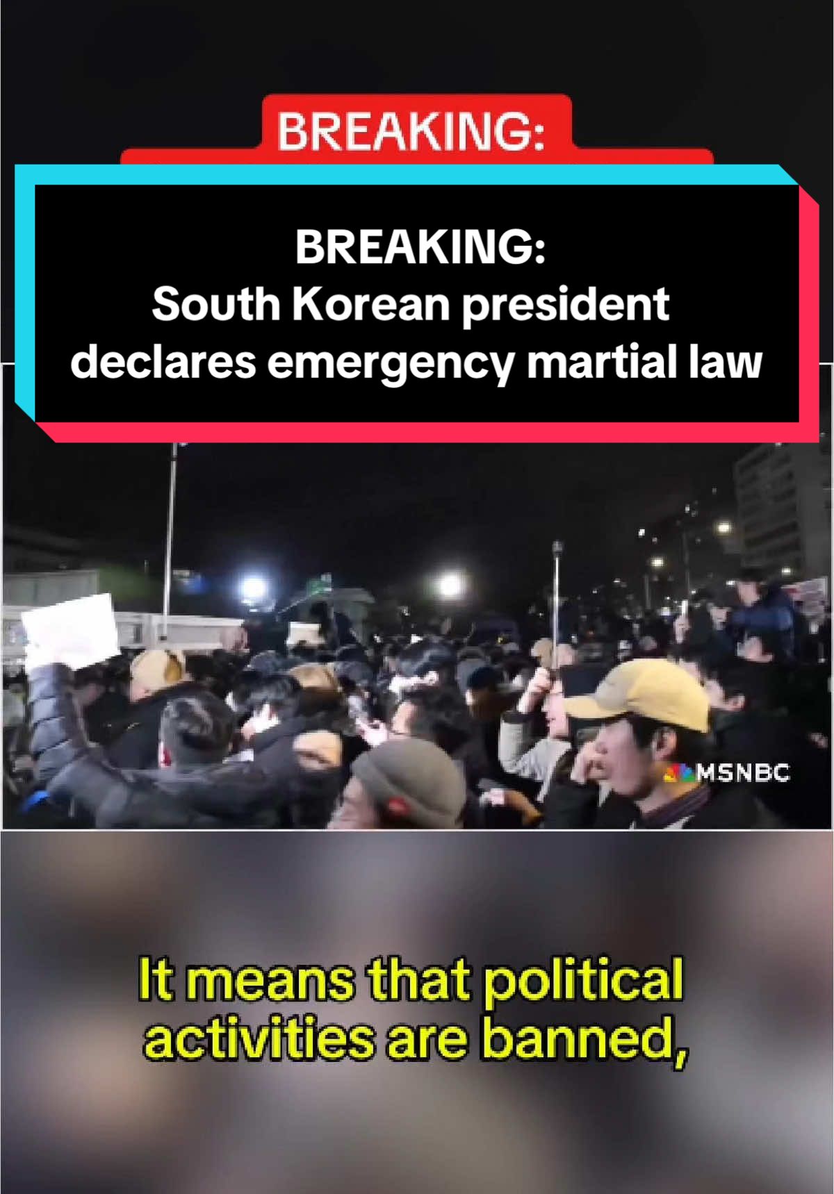 BREAKING: South Korean President Yoon Suk Yeol has declared martial law in an unannounced late-night TV address on Tuesday, where he accused opposition parties of sympathizing with North Korea and controlling parliament. It is the first time since 1979 that martial law has been declared in South Korea. There have been no reports of tanks or soldiers on the streets in the capital, Seoul, or elsewhere in South Korea, a key U.S. ally in the region and home to around 28,500 American troops. NBC's Janis Mackey Frayer breaks down what we know right now. #southkorea #northkorea #breakingnews #news #worldnews #government 