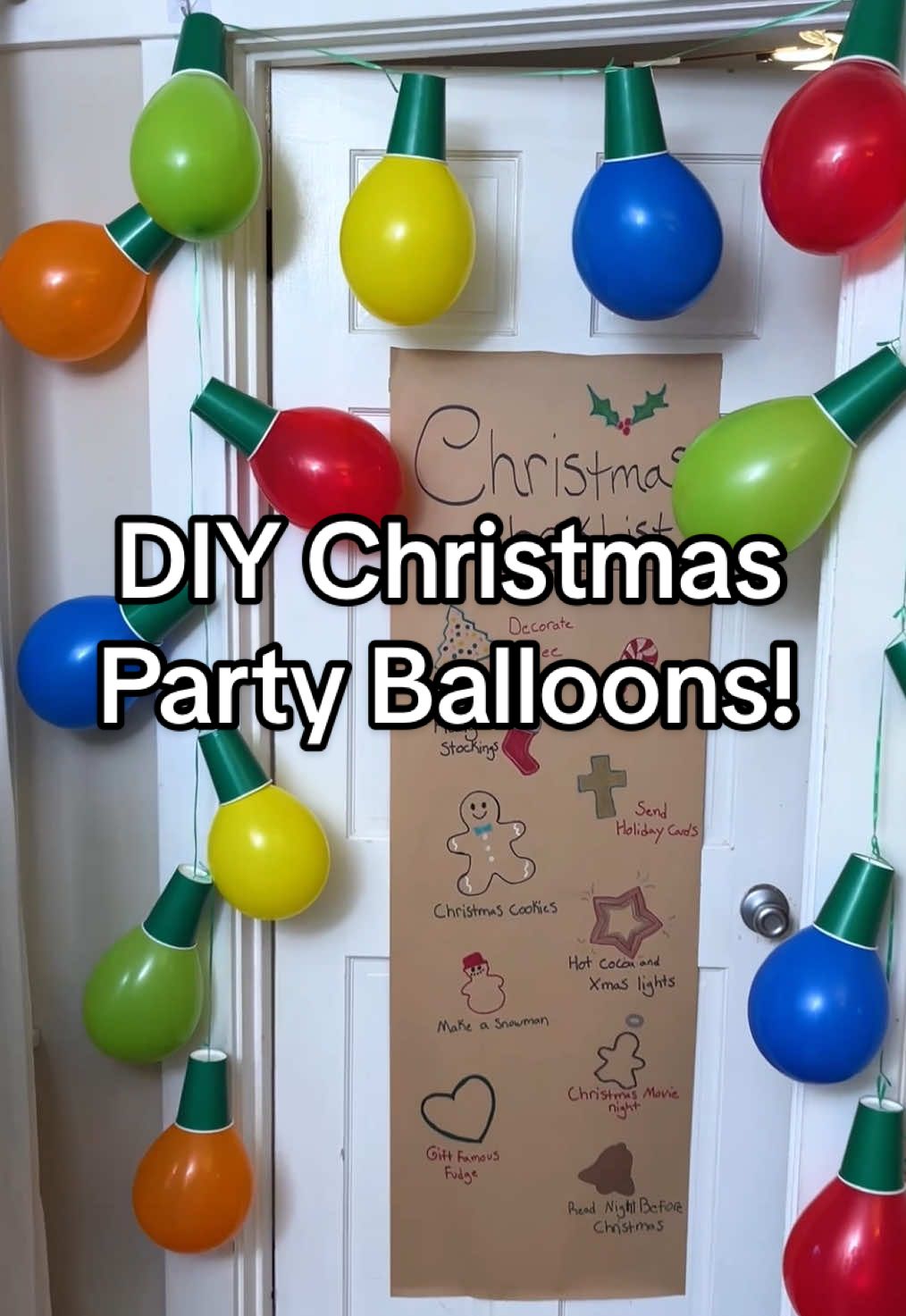 DIY Christmas Party Balloons! Light up your holiday party with these delightful decoration ideas! How to make giant balloon bells and Christmas string lights! #balloons #Christmas #christmasparty  #christmaslights #partyideas 