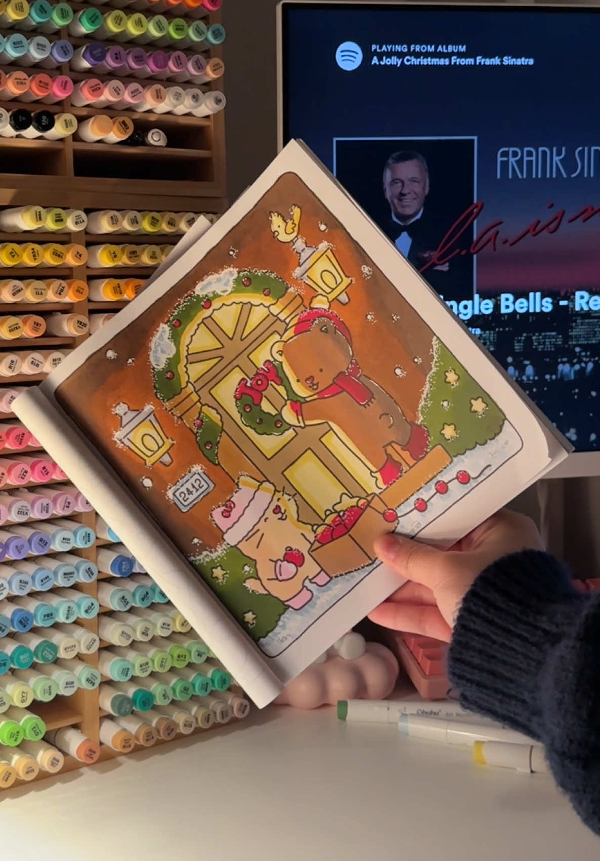 frank sinatra + christmas page = december vibes!  ⋆｡‧˚ʚ all materials are lnkd in my b10/amzn or my tiktok showcase ɞ˚‧｡⋆ coloring book: fuzzy hygge christmas by @Vivi Tinta Coloring Book  markers: ohuhu (120 set, 96 pastel set, skin tone set and mid tone set) white pen: uniball signo organizer: ohuhu bamboo organizer crates: joanns foldable crate i use cardstock behind the page to stop it from bleeding #pupemarkers #coloring #coloringtok #colorwithme #fuzzyhygge #fuzzyhyggechristmas #christmasvibes #christmasseason #christmasszn #franksinatra #vivitinta #coloringvibes #cozyhobbies #cozyvibes 