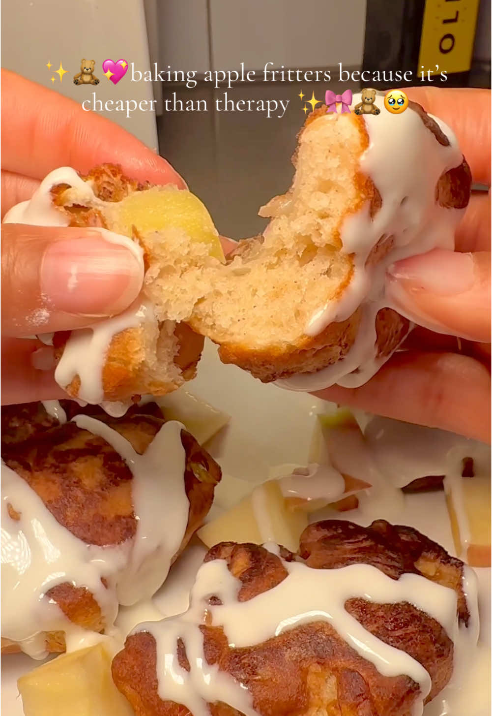 Baking apple fritter because its cheaper than therapy . Who can relate 🥹✨💖 #therapybaking #christmasbaking #bakingseason #applefritters #easybaking #sweettreat 