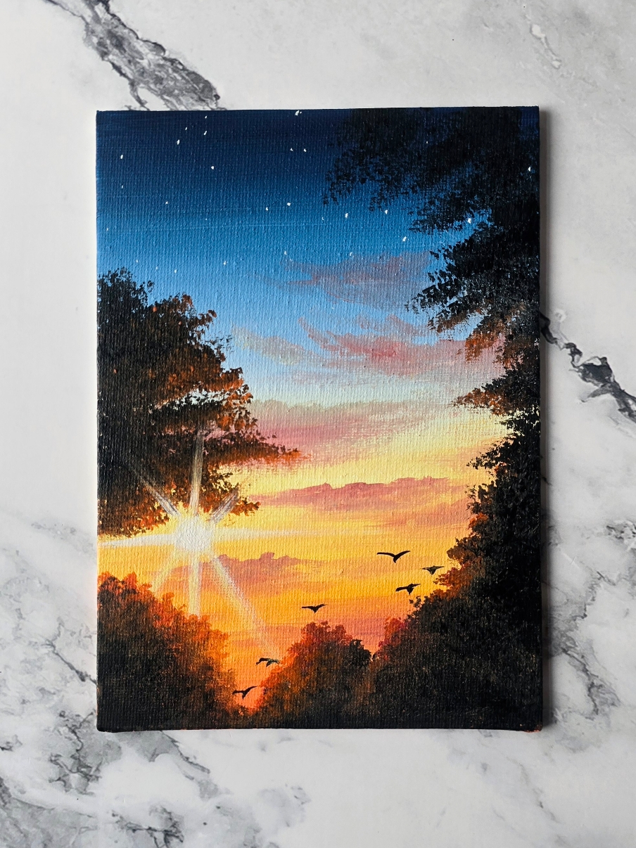 simple & easy sunset painting idea  acrylics on 5x7