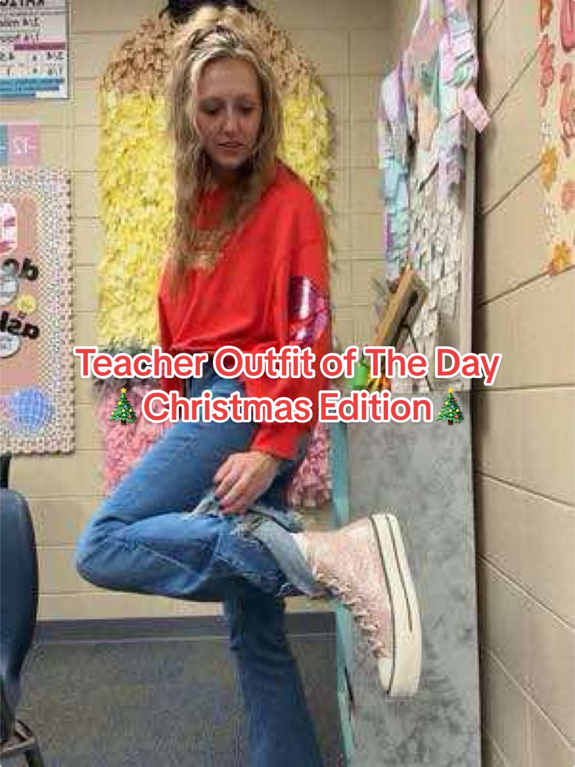 Christmas Teacher Oufit of the Day!  #creatorsearchinsights #middleschoolteacheroutfit #teacherfit #teacherchristmasoutfits #christmasfit #quiltsquaresweatshirt #converseplatform #pinkconverse #wavyhair #teacherhairinspo 