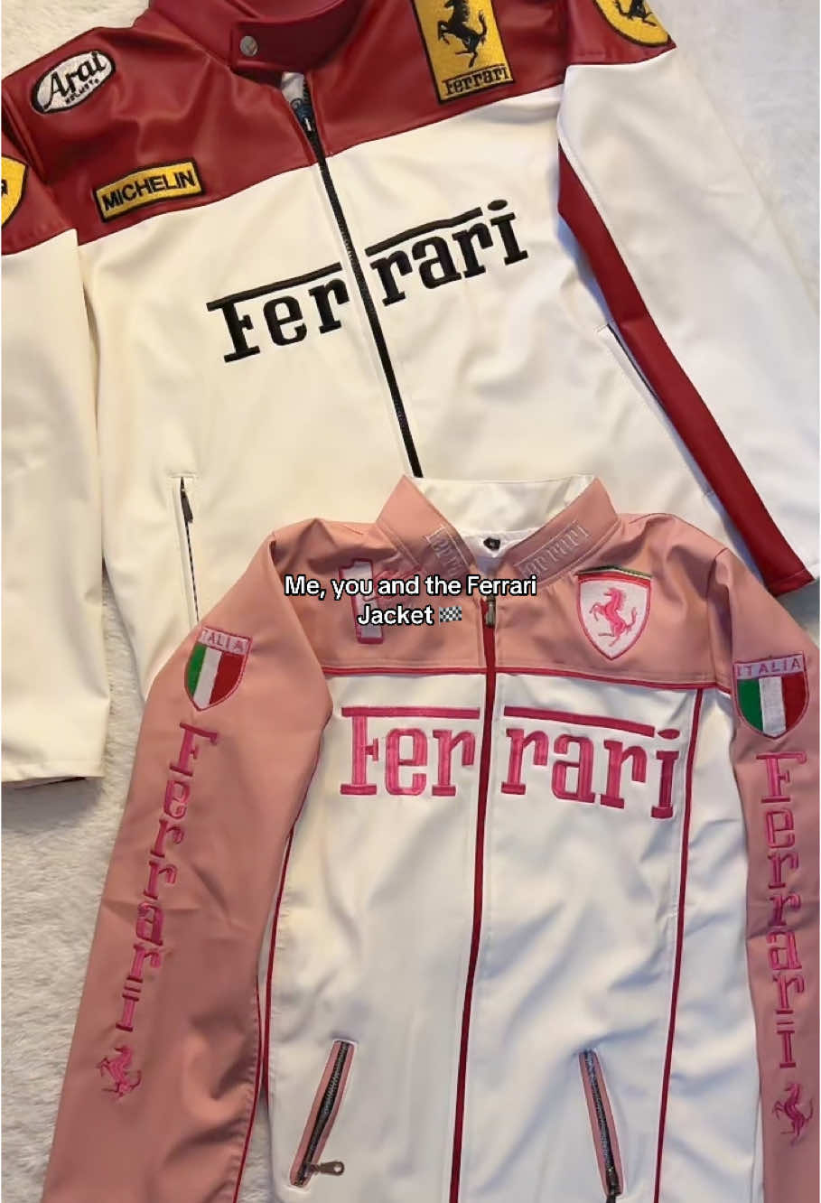 Go get yours Ferrari Couple Jacket😍💗 #fyp #f1tiktok #f1tok #viral #f1jacket #f1fan #leatherjacket #formula1 #scuderiaferrari #ferrarijacket #ferrariclub #carlossainz #charlesleclerc #ferrari #formulaone #trending #racing 