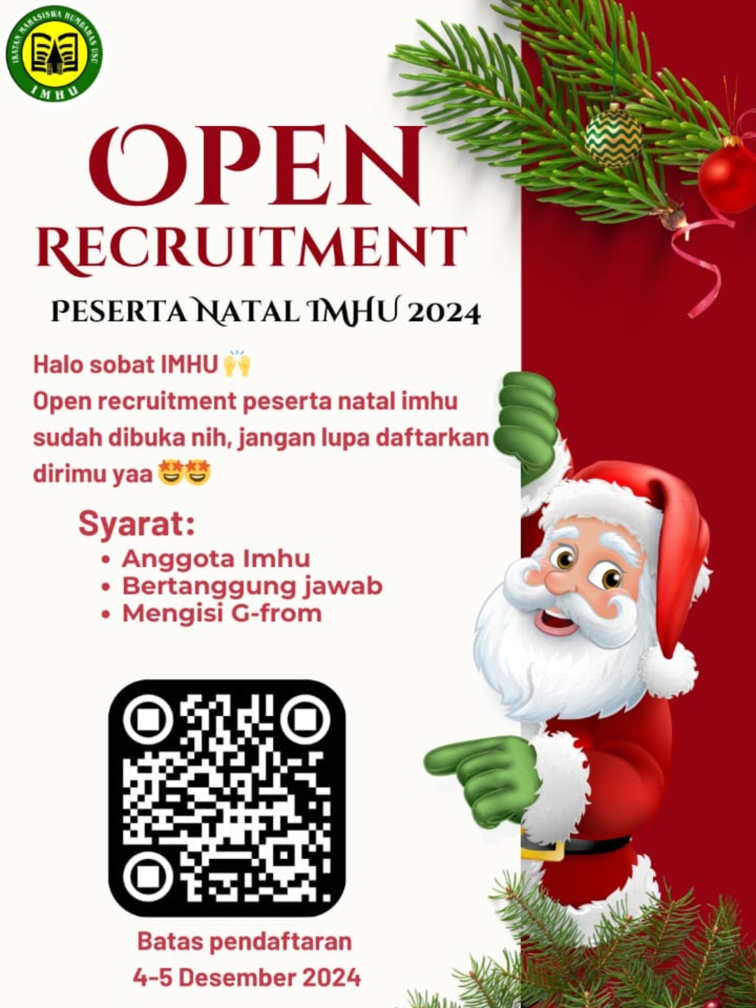 [NATAL IMHU 2024] Salam IMHU! Kami dari panitia natal IMHU 2024 dengan penuh sukacita mengundang Abang, Kakak, dan teman-teman untuk turut berpartisipasi dalam kegiatan spesial kita ini: PERAYAAN NATAL IMHU 2024 🎄✨ Acara ini merupakan momen indah untuk merayakan kasih dan kedamaian Natal bersama dalam kebersamaan keluarga besar IMHU. Kami membuka pendaftaran peserta bagi Abang, Kakak, dan teman-teman yang ingin menjadi bagian dari acara  ini. Berikut link form: https://docs.google.com/forms/d/1eTO0TpkTkf8vDT4ePdQ-oT3bsqINYXkd3rtPT8AFcFA/viewform 📅 Periode Pendaftaran: 4 Desember - 5 Desember 2024 Kami sangat berharap kehadiran Abang, Kakak, dan teman-teman dalam acara ini. Atas perhatian dan partisipasi Abang, Kakak, dan teman-teman, kami ucapkan terima kasih. 🙏 Be a Blessing! BE A COMPETENT! ✊🏻 #BeACompetent #fyp #usu #imhu #fypシ #humbanghasundutan  ___________________________ Ketum : Ilham Partogi Lumban Gaol Waketum : Pepri HL Silaban