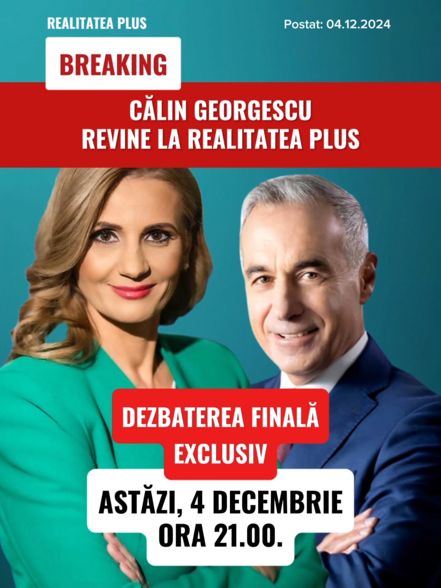 Calin Georgescu revine la Realitatea Plus. Dezbaterea finala dinaintea alegerilor. Astazi, de la ora 21:00! #stiri #romania #exclusiv #alegeri #fyp 