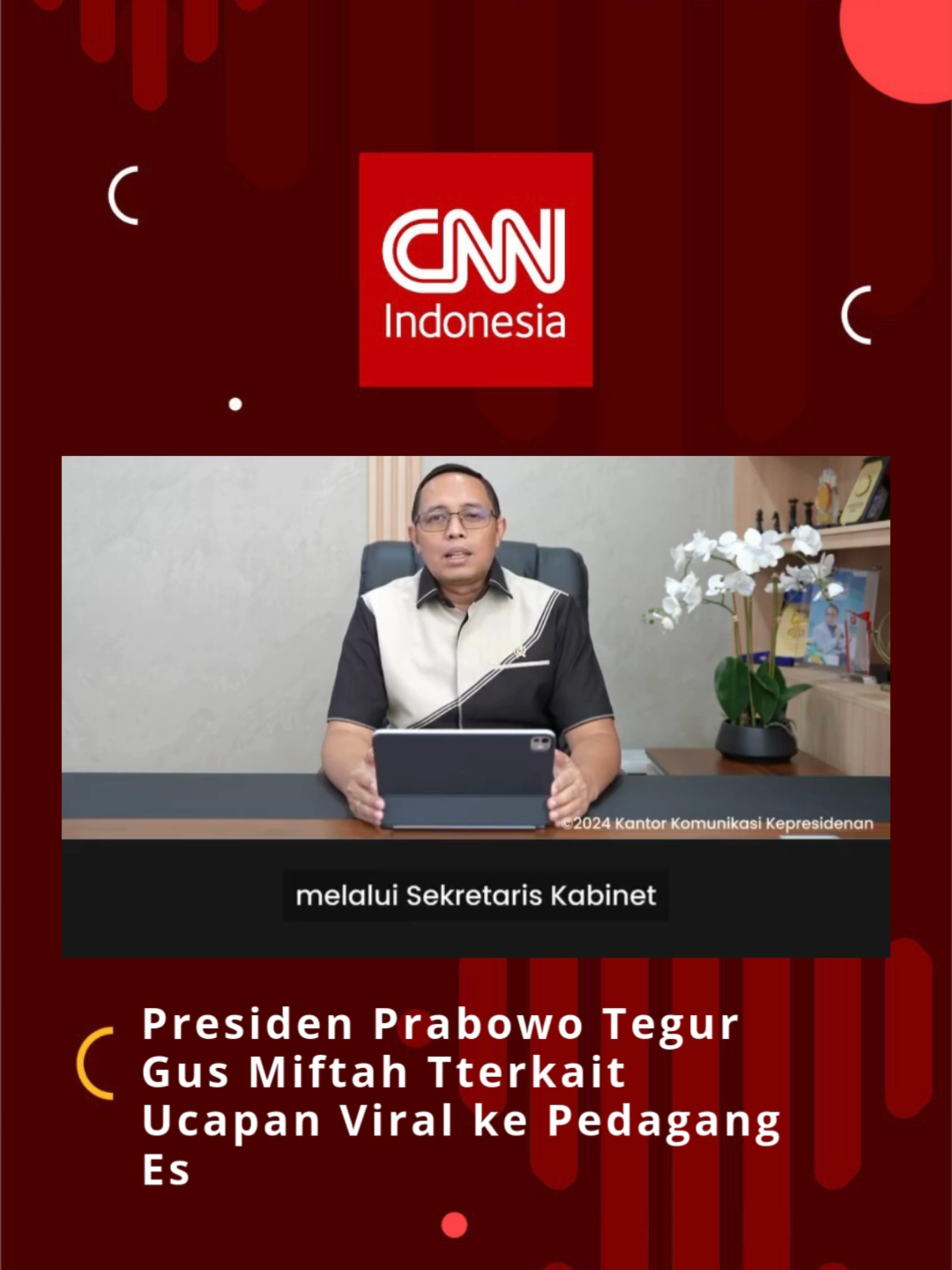 Presiden Prabowo Subianto memberikan teguran kepada Utusan Khusus  Presiden, Miftah Maulana Habiburrahman atau Gus Miftah, atas  pernyataannya kepada pedagang es teh bernama Son Haji yang sempat viral  di media sosial. Hal itu disampaikan Kepala Kantor Komunikasi  Kepresidenan Hasan Nasbi dalam pernyataannya kepada wartawan melalui  video yang diterima di Jakarta, Rabu. #Viral #Prabowo