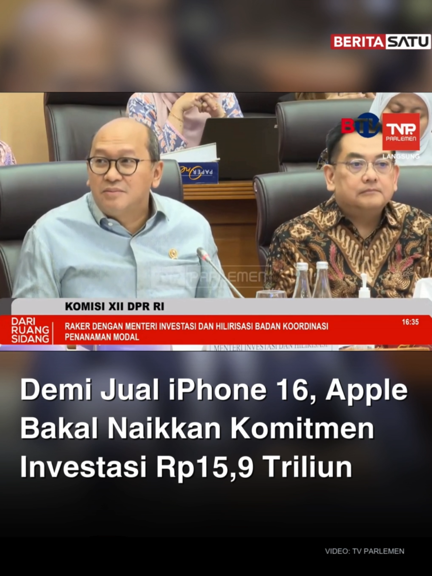 Menteri Investasi dan Hilirisasi Rosan Roeslani mengungkap rencana komitmen investasi terbaru dari raksasa teknologi, Apple sebesar US$1 miliar atau setara dengan Rp15,9 triliun agar bisa menjual iPhone 16 di Indonesia. Apple sampai saat ini tidak diizinkan menjual iPhone 16 di Indonesia karena belum memenuhi syarat konten lokal. Rosan menyatakan bahwa Apple telah berkomunikasi dengan pemerintah dan mengisyaratkan kesiapan untuk meningkatkan investasi mereka di Indonesia. 