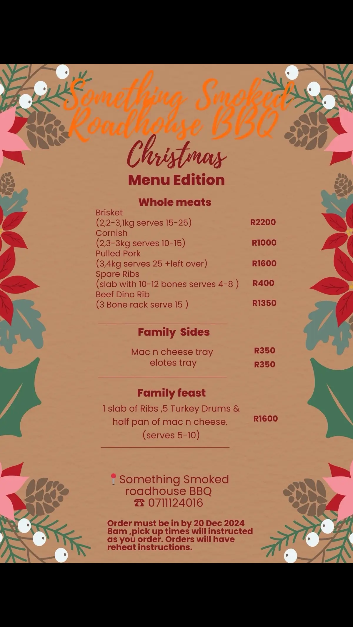 🎉 Good news x2! 🎉 1️⃣ We’re now taking pre-orders for our Christmas cook! 🎄🔥 Pre-order and booking only—check out the menu and instructions to secure your spot. 2️⃣ This week, we’re open Friday & Sunday only with a surprise menu that’s bound to make your taste buds dance. 🥩🍗 Don’t miss out—it’s gonna be epic! 🙌 #SomethingsSmoked #ChristmasCook #BBQLovers #SurpriseMenu #somethingsmokedroadhousebbq #smokedmeat #texasbbq #txbbq #bbq #bbqlife #soweto #johannesburgrestaurants #johannesburg #kasi #tiktok #facebook #yumm #FoodLover #meatlover #Foodie #fyp #foryou #followforfollowback #reelsinstagram #reels #branding #instagood#instalike #instadaily #instafood #sowetotiktok #sowetoderby #sowetoborn #johannesburgtiktok #southafricantiktok #americaninsouthafrica #explore #foryoupage❤️❤️ 