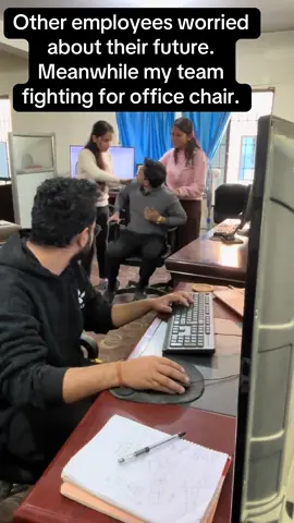Other employees worried about their future. Meanwhile my team fighting for office chair. #officehumor #corporatehumor #corporatelife #fyp #fypシ #viralvideo #funnyvideos #officememes ###memestiktok #officeproblems @iesha_adhikari @bksryuk 