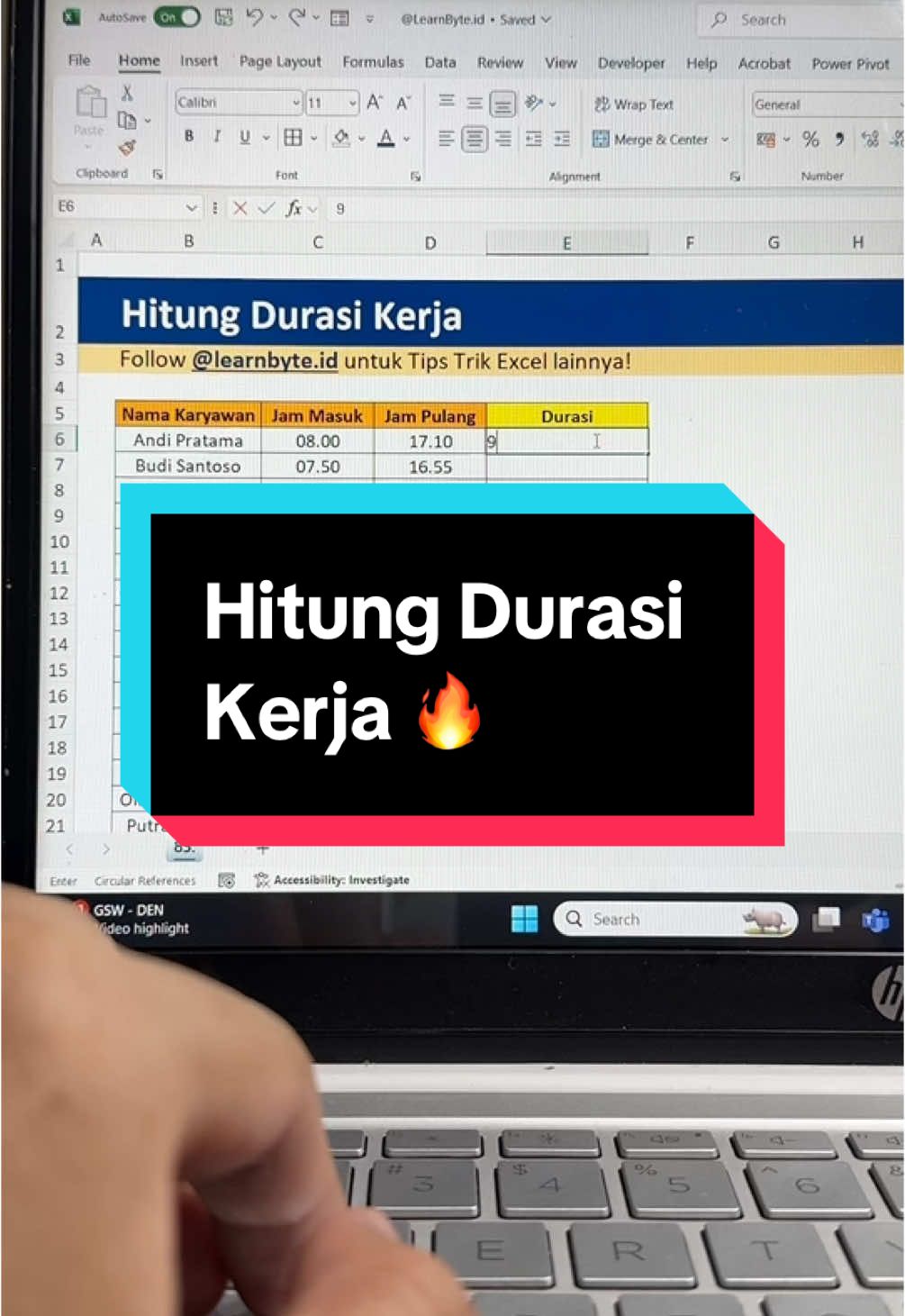 Ini dia cara cepat untuk hitung durasi kerja harian di excel kurang dari 1 menit 🙌 Jangan hitung manual lagi ya 🙅 #kelasexcel #exceltips #exceltricks #learnbyte #semuabisanaikkelas #excel #corporatetraining #shortcut