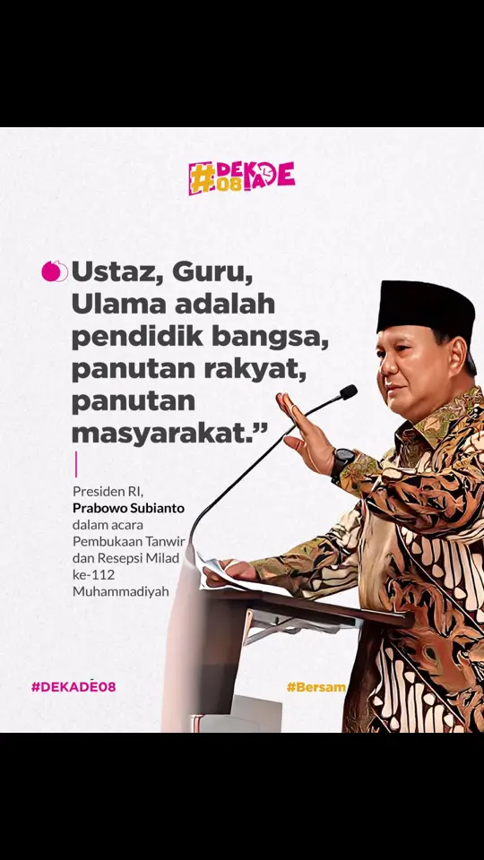 Presiden Prabowo Subianto hadir menyampaikan pidato pada pembukaan Tanwir dan Milad ke-112 Muhammadiyah di Kota Kupang, Nusa Tenggara Timur, Rabu (4/12). Selain itu, Presiden Prabowo menyampaikan apresiasi kepada Muhammadiyah atas undangan tersebut. Ia mengungkapkan pentingnya kesempatan berbicara di hadapan tokoh-tokoh agama dan masyarakat yang berkontribusi besar pada pendirian Indonesia. #presidenprabowo #prabowosubianto #pemerintah #indonesiamaju #indonesiaemas #dekade08