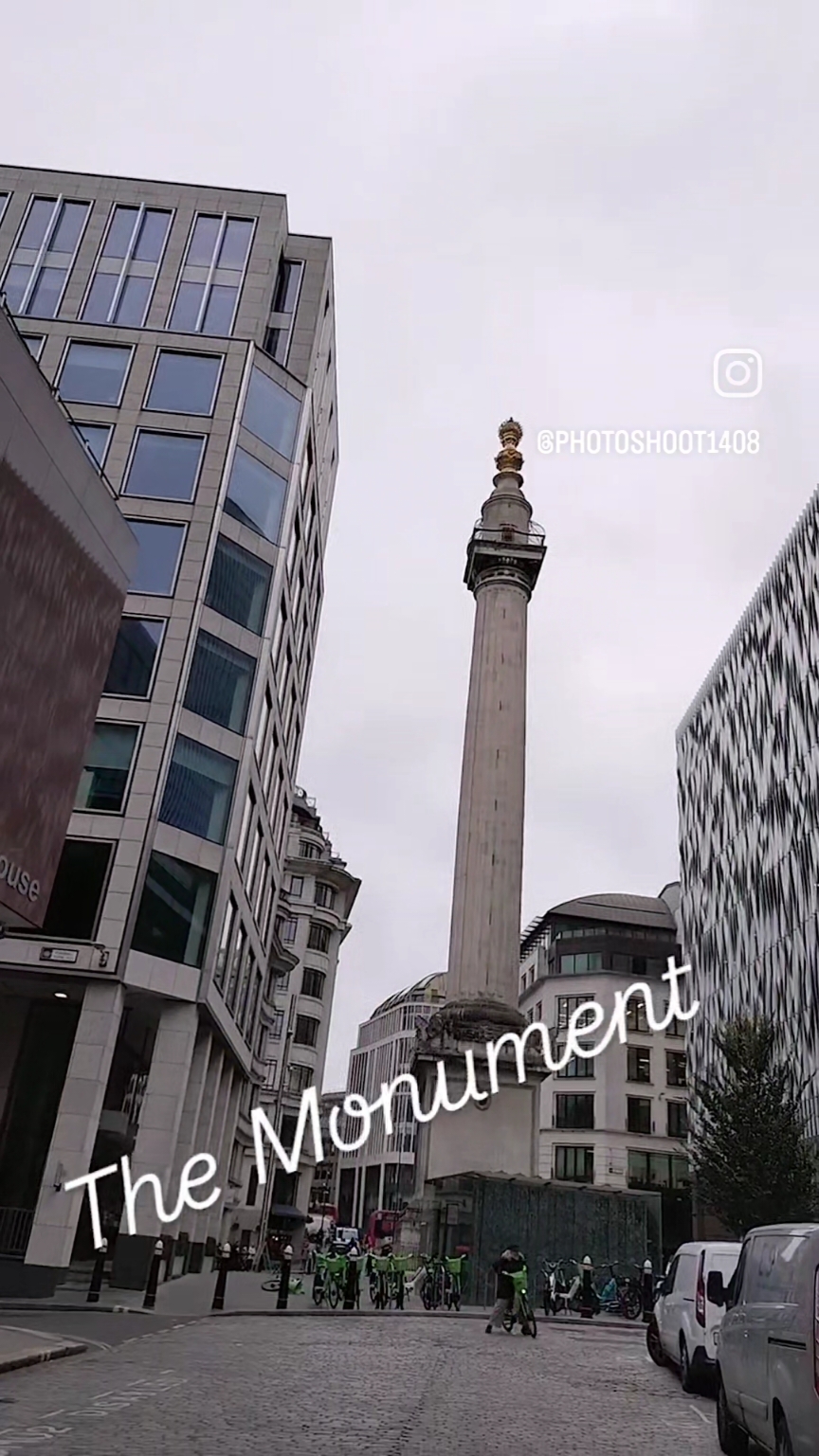 The Monument to the Great Fire of London, more commonly known simply as the Monument, is a fluted Doric column in London, England, situated near the northern end of London Bridge. Commemorating the Great Fire of London, it stands at the junction of Monument Street and Fish Street Hill, 202 feet (61.6 m) in height and 202 feet west of the spot in Pudding Lane where the Great Fire started on 2 September 1666. Constructed between 1671 and 1677, it was built on the site of St Margaret, New Fish Street, the first church to be destroyed by the Great Fire.  #photoshoot #photography #photographer #london🇬🇧 #londonlife #londontravel #londonlove #london_city_photo #londonwords #worldtraveler #themonument 