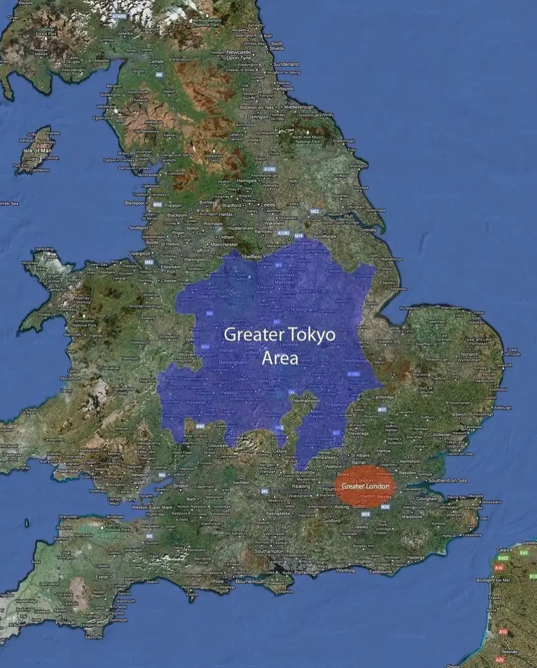 The Greater Tokyo Area is the most populated metropolitan area in the world, with 38.14 million people living there.  Here it is placed on top of the United Kingdom for comparison. . . . . . . . . #trend #fyp #interesting #trending #viral #maps #earth 