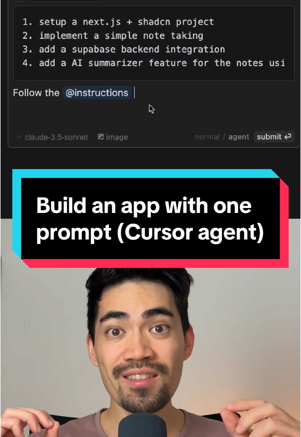 Cursor agent got a lot better! I just used it to create a fully functional app with: - a backend - a nextjs + shadcn frontend - an openai integration ...all in one prompt! Join the Prompt Warriors community to learn more (link in bio) #ai #cursor #coding #software