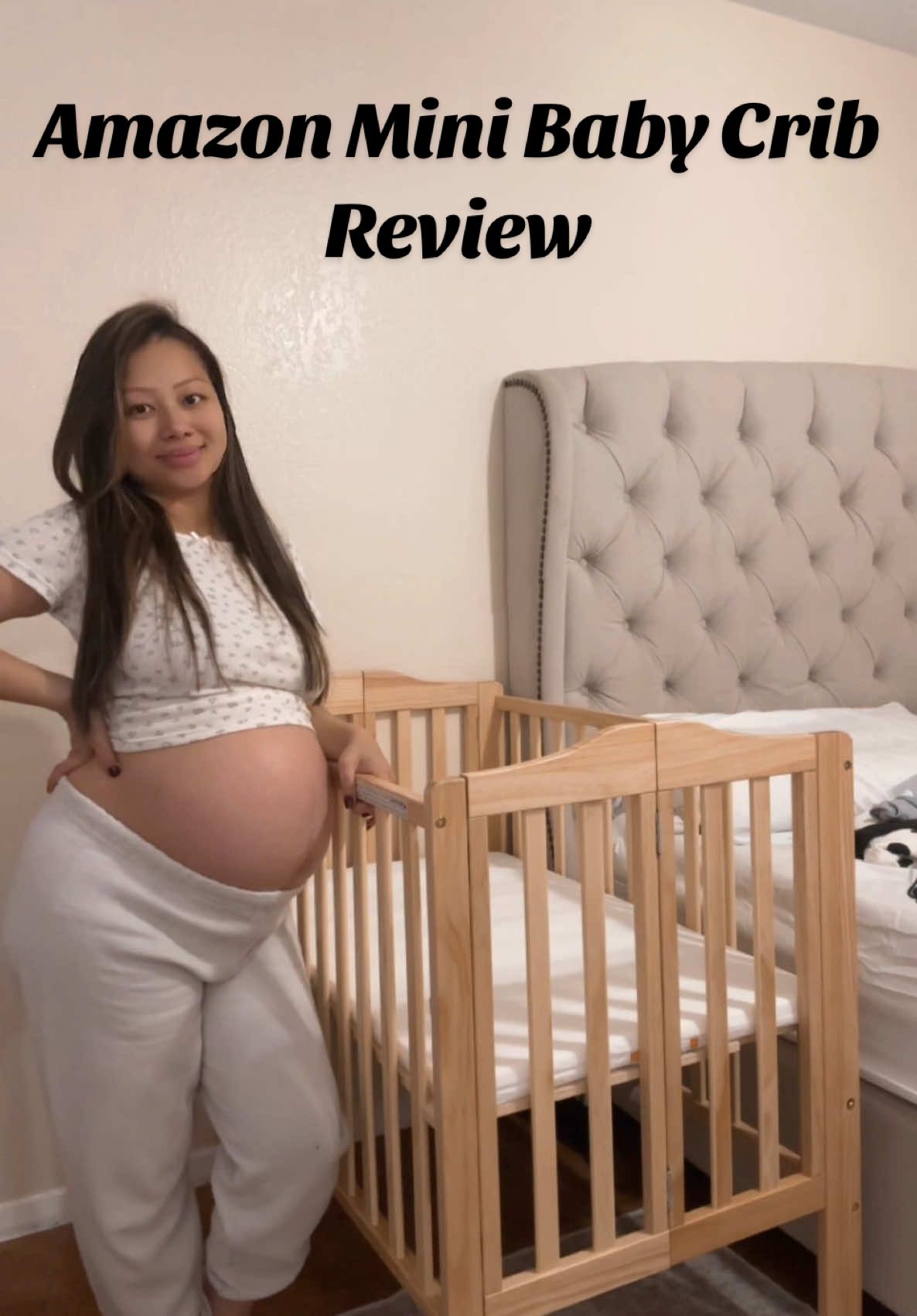 Amazon Mini Baby Crib Review. This mini #babycrib comes with wheels & it’s foldable! Perfect for small space or parents like us who don’t plan to have a separate nursery room for baby. It’s also a great way to replace having a pack & playpen when you can just roll this into the family/living room. #amazonbaby #amazonbabyfinds #minicrib #35weekspregnant 