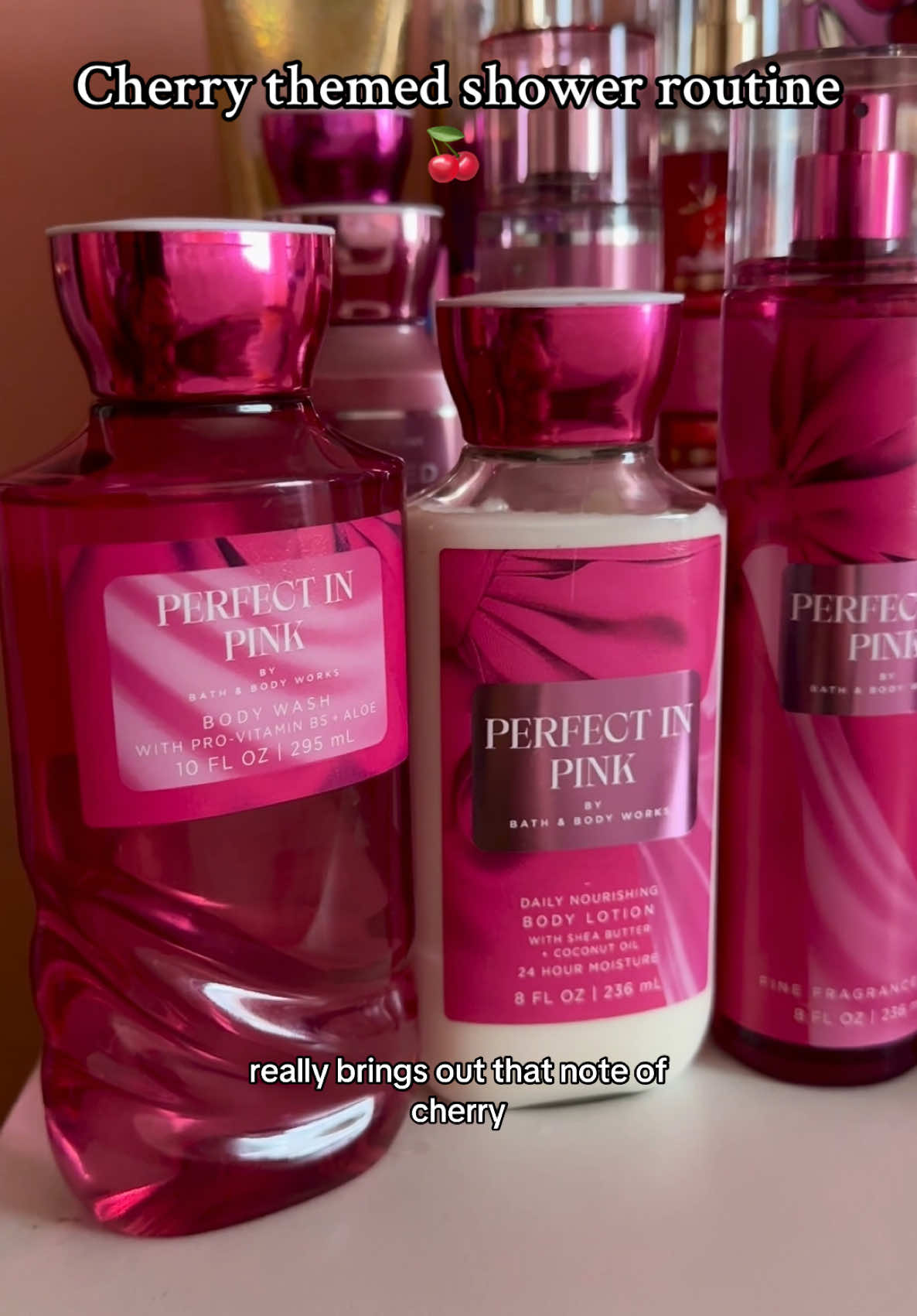 Cherry themed shower routine using perfect in pink from b&bw 🍒🍒#showerroutine #scentcombos #thegoodscent #cherrytheme #bodycare #dove #bathandbodyworks #perfectinpink