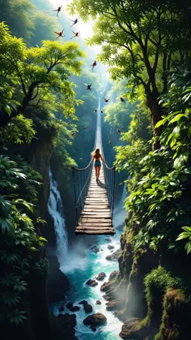 Embark on an exhilarating journey as a daring explorer traverses a narrow suspension bridge high above a vibrant rainforest canopy, with cascading waterfalls and colorful wildlife creating a stunning and immersive scene. #adventure #nature 