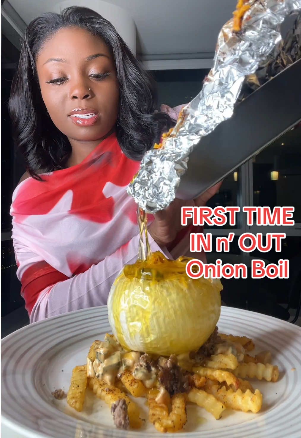 First time In n Out Onion Boil 🤤  . . #onion #onionboil #mukbang #eat #eatingshow #firsttime #foodies #fy  #innout #innoutburger 