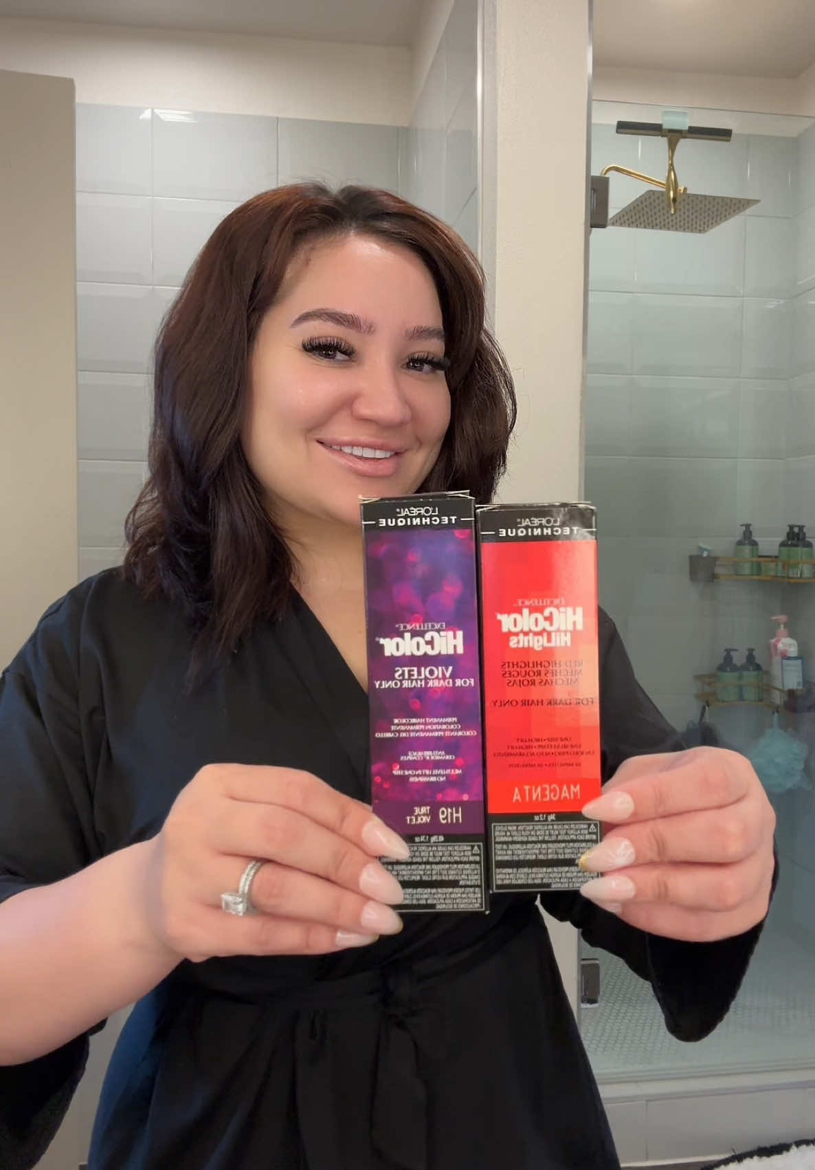 Dye my hair with me at home Cherry Red 🍒 using L’Oréal HiColor magenta & true violet mixed 5 oz of ion 30 volume developer. Start at the ends and wait 30 minutes before applying color on roots. 