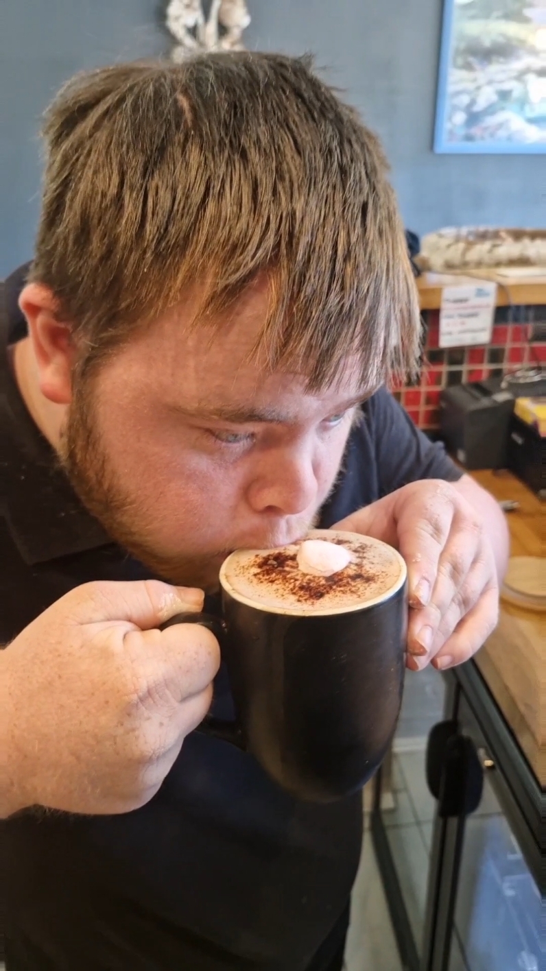 Morgans our working class man! doing amazingly 🥰#disability #coffee #coffeetiktok #chocolate #hotchocolate #restaurant #cafe #barista #workingclassman #teachersoftiktok 