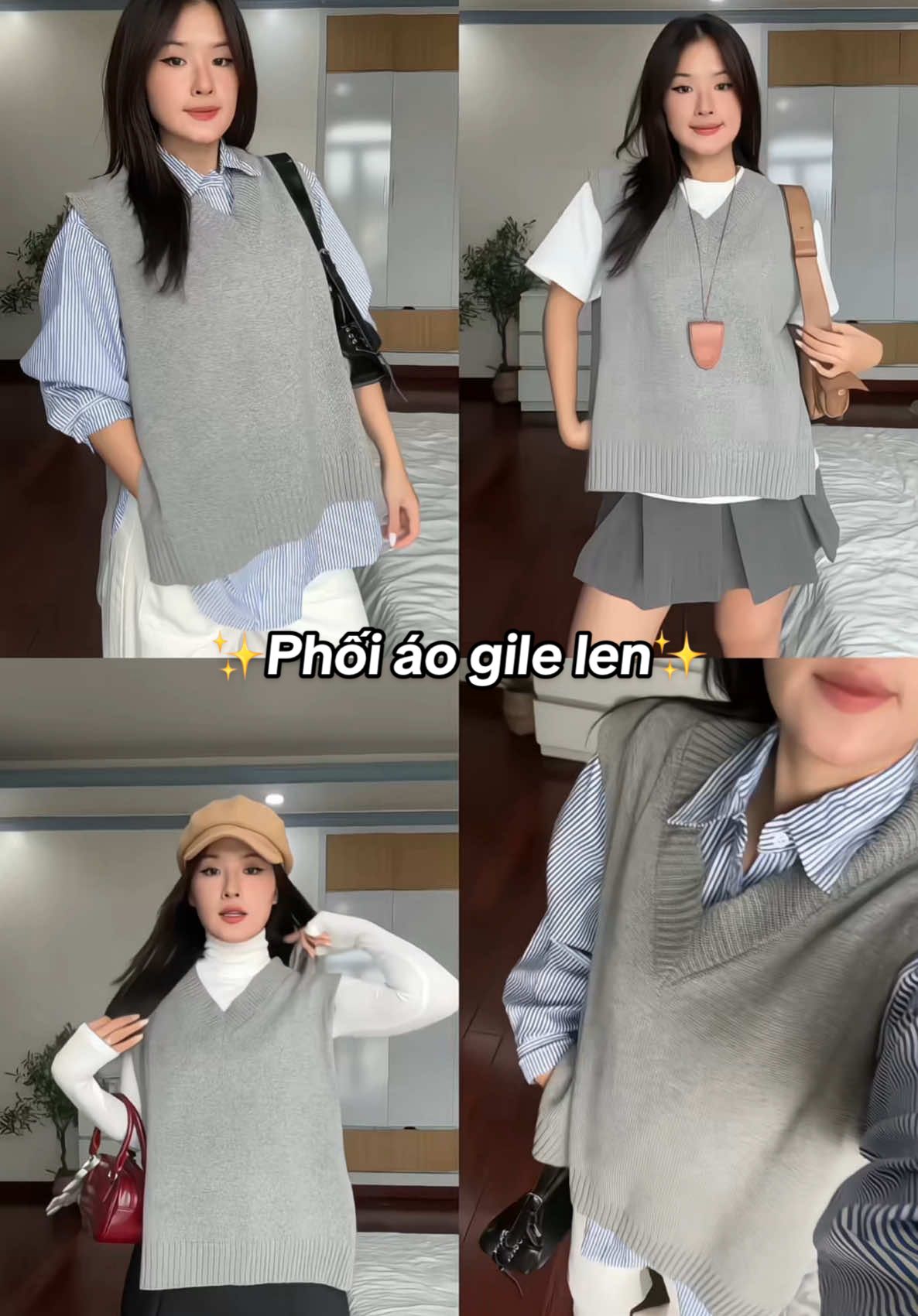 Gợi ý phối đồ xink với áo gile len ✨💯🧏🏻‍♀️ #xuhuong #mixandmatch #aolen #aogile #gile #outfit 