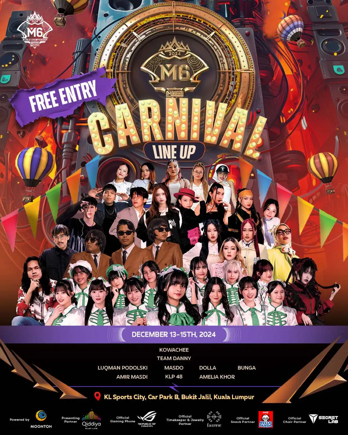 The First Carnival Ever! 🎡 Get ready for an extraordinary experience at M6 Carnival! 🎉 For the very first time, we’re bringing a carnival that will rock your city with unforgettable entertainment✨ Top-tier artists will light up the stage, ready to deliver outstanding performances! Enjoy delicious food, and an atmosphere full of joy with your family and friends.🎤💫 📅 Don’t miss this moment! 📍 Location: Car Park B - Axiata Arena 🗓️ Date: December 13th - 15th, 2024 Bring your loved ones, because this is more than just a carnival, it’s a celebration of happiness! 🎊 And here’s the best part: FREE ENTRY for everyone who wants to experience the excitement of M6 Carnival!  #MLBBM6 #GreaterThanEver #MLBBEsports #MLBB #MobileLegendsBangBang #M6 #M6Carnival #AmirMasdi #Dolla #TeamDanny #Kowachee #KLP48 #LuqmanPodolski #Masdo #Bunga #AmeliaKhor 