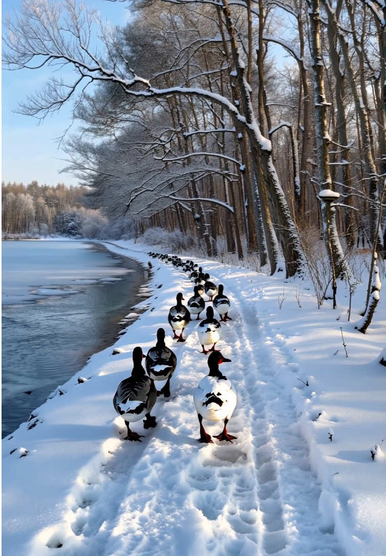 Ducks lined up walking in a magnificent nature.  #duck #snow #winter #ai #trendingvideo #kesfet #aiart #nature #viral_video #deepfake #fypp 