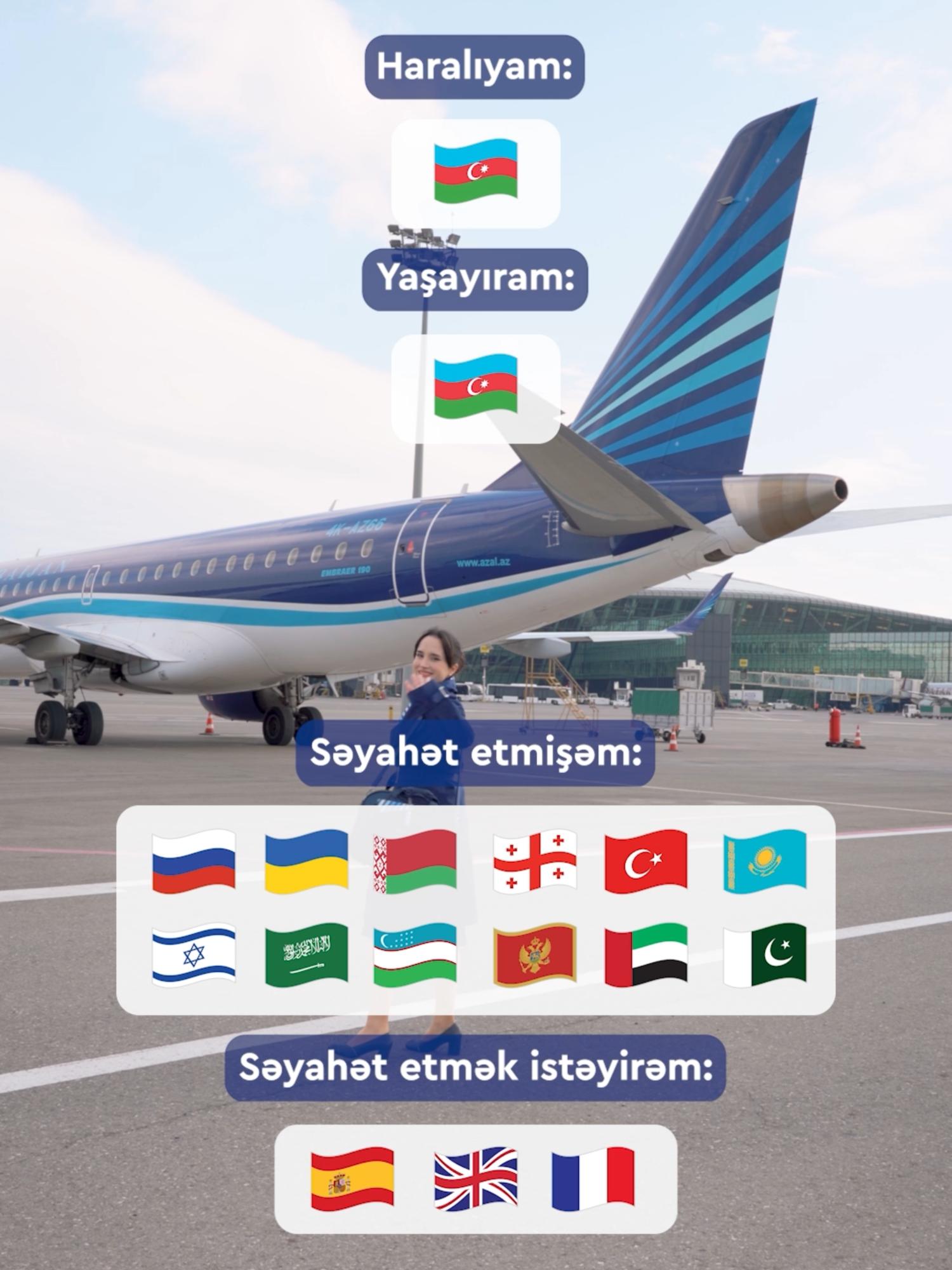 Bayraqların köməyilə öz səyahət təcrübənizi bölüşün. 🌍 ✈️ Use flags in the comments to share your travel story with us!  #AZAL #AzerbaijanAirlines #flyAZAL