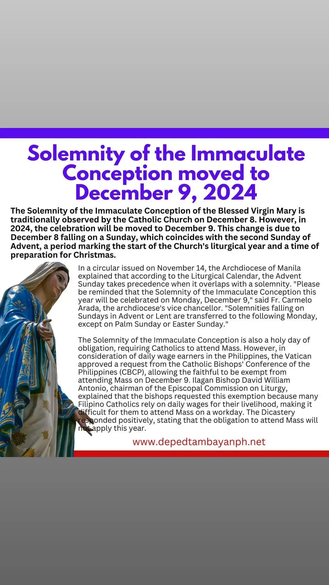 Solemnity of the immaculate conception move to Dec. 9, 2024 Monday.