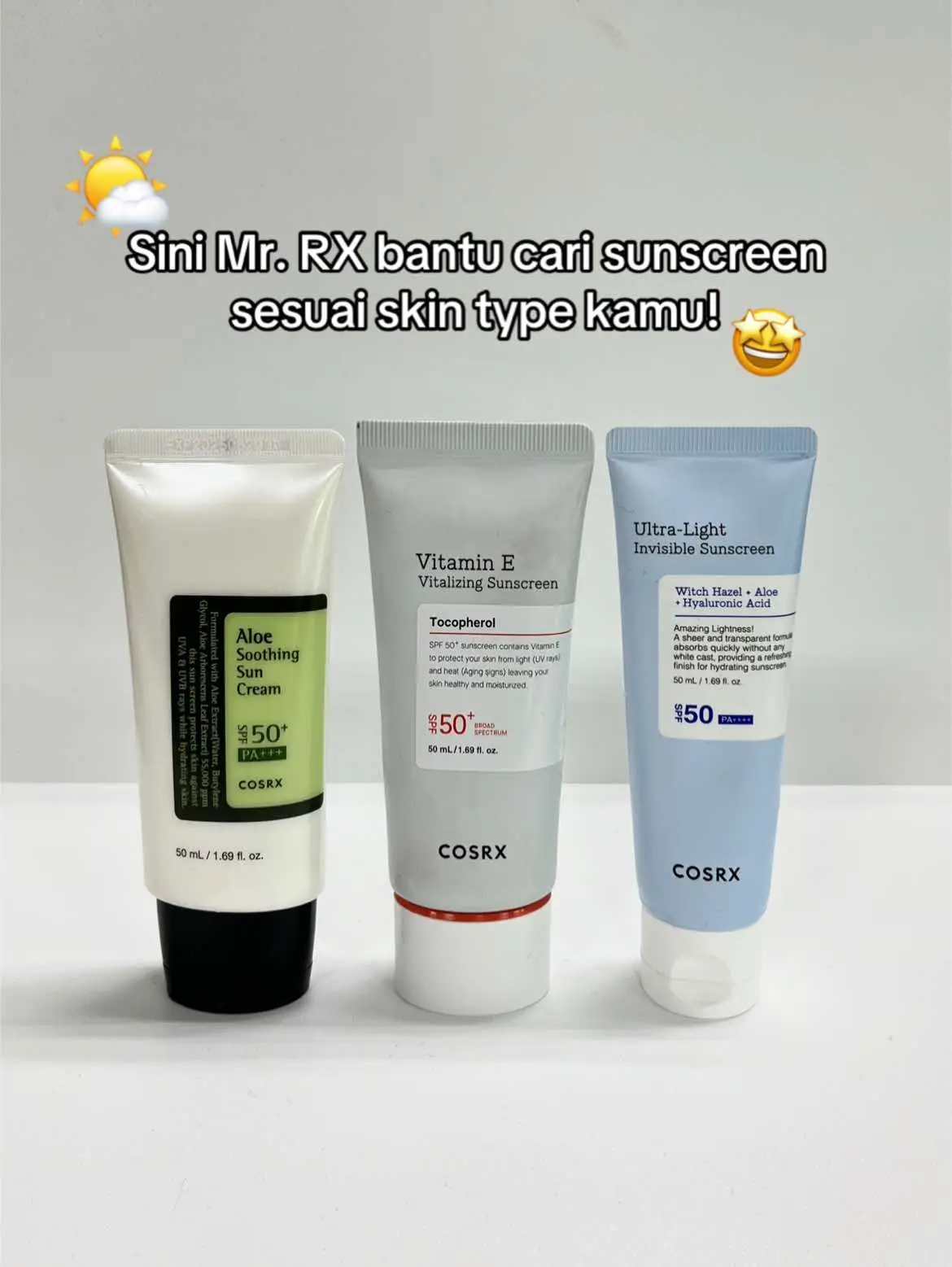 Mr. RX bantu pilih sesuai dengan jenis kulit kalian~ 💁🏻‍♀️ #COSRXIndonesia #COSRX #koreanskincare #sunscreen #skincareviral