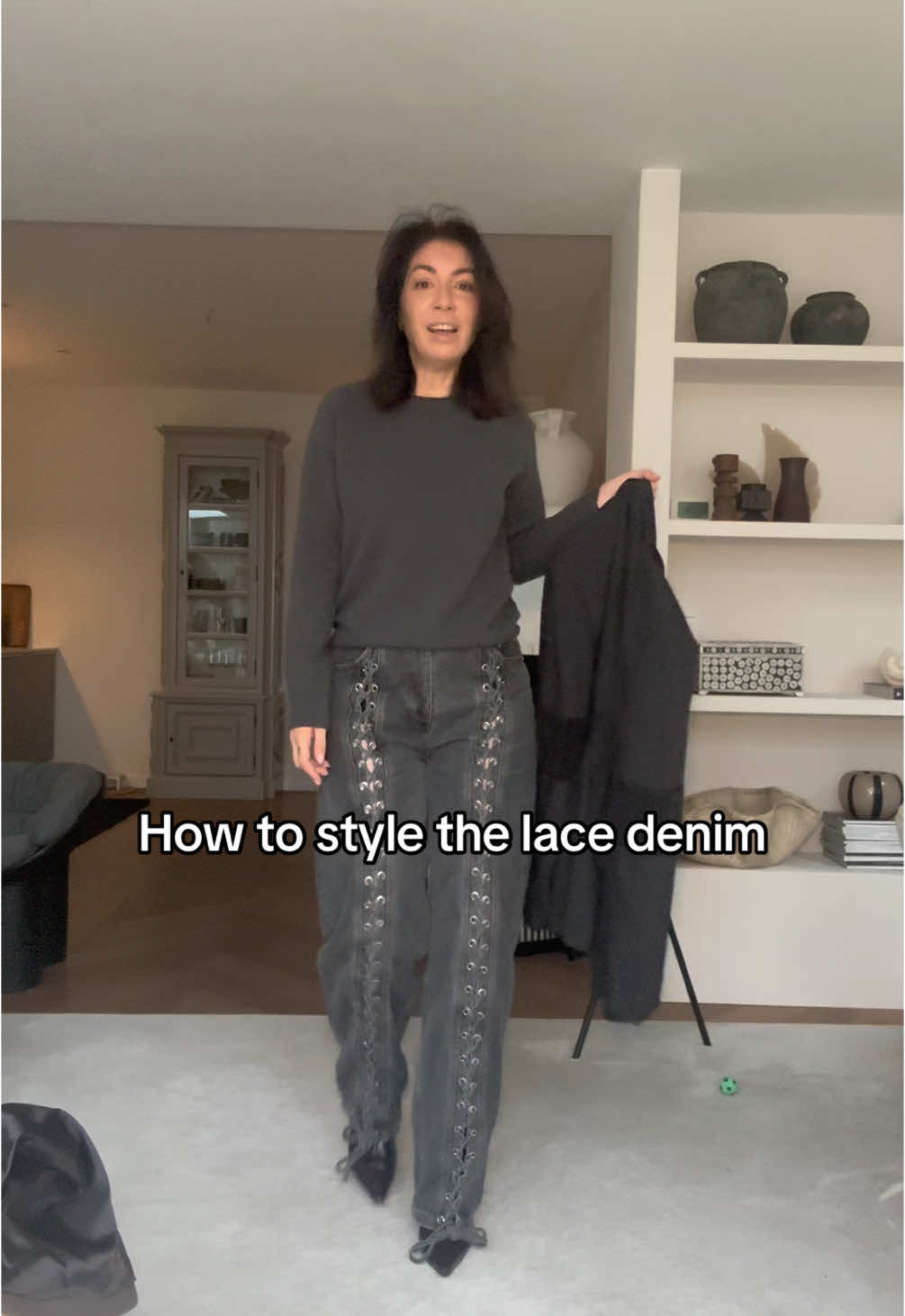 How to style the lace denim pants💫 #denim #lacedenim #baggypants #howtostyle #OOTD #fitcheck #outfitinspo #fyp #fallfashion #longcoat #oversizedcoat 