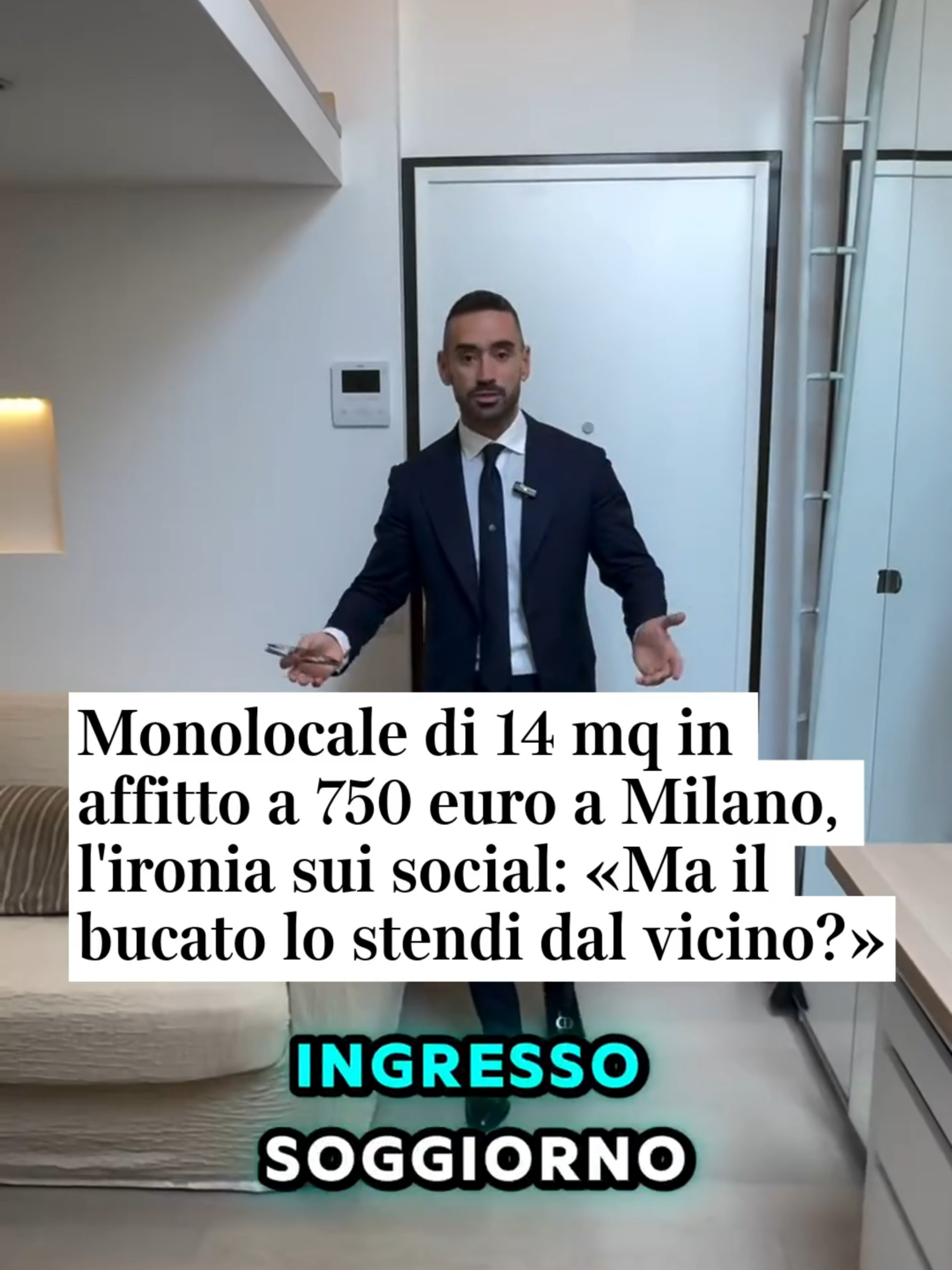 Continua a far discutere il video pubblicato dal noto immobiliarista milanese Gian Maria Tirrico che mostrava un monolocale da affittare a Milano di appena 14 metri quadri. Ingresso, cucina, letto: tutto in pochissimo spazio senza finestre. Canone di 750 euro al mese. Affittata in pochissime ore. Centinaia di commenti al video, pochi quelli positivi, moltissimi quelli critici al limite dell'insulto. «Tutto questo è illegale»- scrivono in molti. «Ma lei ci vivrebbe? E' un loculo osserva un altro utente.  Alcuni commentano ironicamente: «Ma il bucato lo stendi dal vicino?»: e ancora: «Certo, è a misura d'uomo, se l'uomo è Mammolo». «Il carcere di S. Vittore è più spazioso» - scrive un altro utente. La battuta più simpatica è di Simone: «Avrei messo il vater al posto del divano per guadagnare qualche centimetro..». #affitto #monolocale #milano #video #social #corrieredellasera