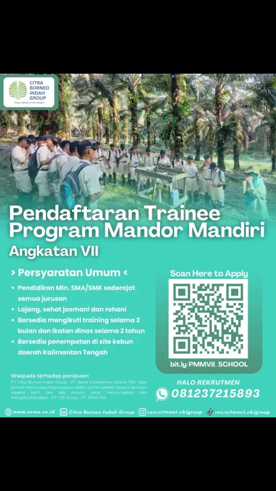 Kami mengundang para lulusan SMA/SMK yang bersemangat untuk bergabung dalam Program Trainee Perkebunan Kelapa Sawit kami! Program Mandor Mandiri ini dirancang untuk memberikan pengalaman dan keterampilan praktis yang diperlukan untuk sukses di industri perkebunan kelapa sawit. 🔍 Apa yang akan anda dapatkan? 🔍 Pelatihan Komprehensif: Tingkatkan pengetahuan dan keterampilan kamu dalam bidang perkebunan kelapa sawit melalui pelatihan intensif. Pendampingan Ahli: Belajar langsung dari para profesional yang berpengalaman di industri ini. Pengalaman Lapangan: Dapatkan pengalaman langsung dengan bekerja di proyek-proyek nyata di perkebunan. Peluang Karir: Kesempatan untuk menjadi bagian dari tim kami setelah menyelesaikan program ini. Jangan lewatkan kesempatan untuk memulai perjalanan karir yang cerah bersama kami. Daftar sekarang dan menjadi bagian dari masa depan perkebunan kelapa sawit yang lebih hijau dan berkelanjutan. 🔗 https://lnkd.in/gzcptkeS  #loker  #lokerterbaru  #lokerpertanian  #lokerpertanianpku  #lokerpertanianpku2024 