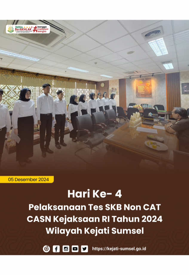 TES SKB NON CAT CASN KEJAKSAAN RI - HARI KEEMPAT Kejati Sumsel - Kamis, 05 November 2024 bertempat di Wilayah Kejaksaan Tinggi Sumatera Selatan telah dilaksanakan Tes Seleksi Kompetensi Bidang (SKB) Non CAT CASN Kejaksaan Republik Infonesia pada hari keempat. Adapun peserta yang hadir pada Tes Wawancara Pimpinan sebanyak 470 orang, tes kesehatan sebanyak 216 orang, tes psikotes dan kejiwaan sebanyak 206 orang, tes praktek kerja sebanyak 206 orang, tes kesamaptaan dan bela diri sebanyak 100 orang serta tes wawancara psikotes sebanyak 207 orang. @Kejaksaan.RI  #kejaksaanri #kejatisumateraselatan #menpanrb #kemenpanrb