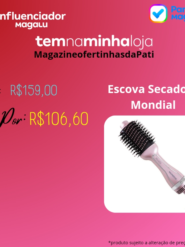 Escova Secadora Mondial  Seca, Alisa e Modela, tudo em um só produto. Com muita praticidade e utilizando apenas uma mão você fica linda! Possui 3 opções de variações de temperatura, você consegue regular a intensidade do calor de acordo com o seu tipo de cabelo e com os formatos diferentes das cerdas permitem alinhar e modelar o cabelo ao mesmo tempo. Com revestimento em cerâmica e turmalina mineral que emite íons negativos ao ser ativado pelo calor, os íons fecham as cutículas dos fios, deixando-os mais macios, brilhantes evo melhor sem FRIZZ. Entrega Garantida✔️ Entrega em todo Brasil 🇧🇷  Entregue no conforto de sua casa 🏡 ⚠️ Consultar Voltagem ⚠️ Acesse o link da Bio e digite o código 236598500 e faça seu pedido😁 Ou me chame que te ajudo 😉 #compreonline #influenciadormagalu #vendasonline #parceiromagalu #escovamodeladora #escovamodeladoramondial #dicaseachadosincriveis