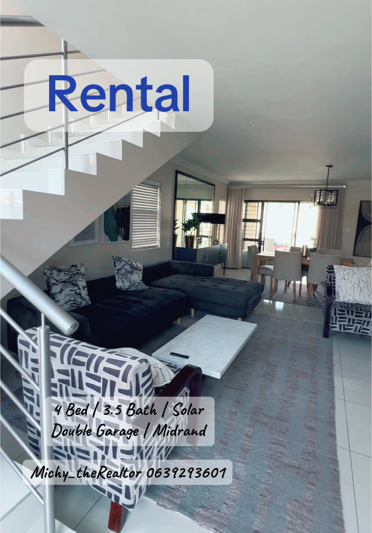 “🏡 For Rent: Stunning 4-Bed, 3.5-Bath Double-Story Home in Secure Estate! ✨ Features: 	•	Double garage 🚗 	•	Solar power ☀️ 	•	Private garden 🌿 (pet-friendly!) 	•	Patio for relaxing 🌞 	•	Domestic quarters (or office!) 🏢 	•	Modern guest bathroom 💸 Rent: R25,000/month (excl. water & electricity) Live in luxury with safety, style, and space! DM to view or enquire! 🏠”