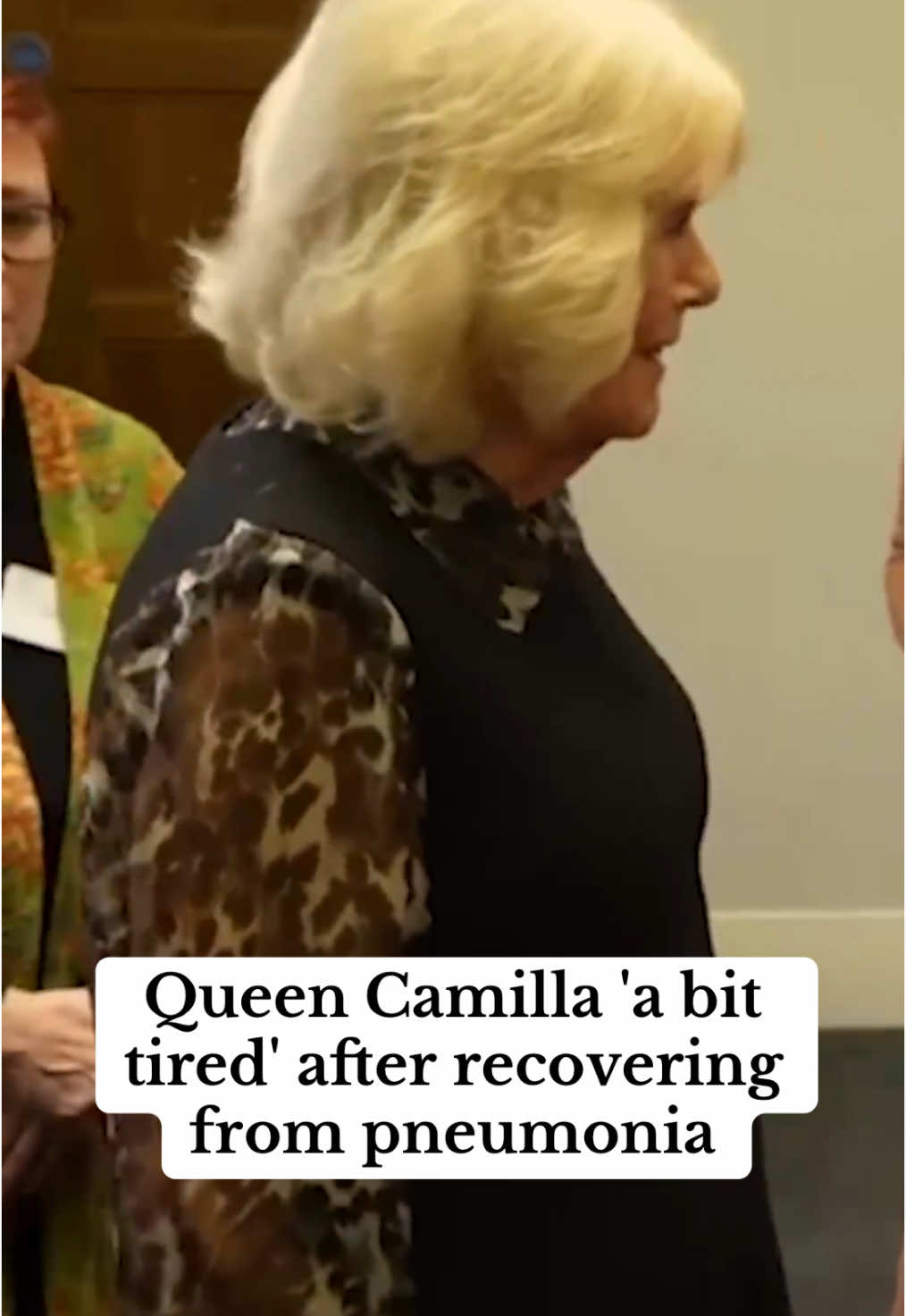 Queen Camilla admitted she was still feeling 'a bit tired' from her nasty bout of pneumonia as she attended a reception to mark the 50th anniversary of Women's Aid today. The royal, 77, is suffering from post-viral fatigue. 🎥 ITN #queen #camilla #royals #royalfamily 