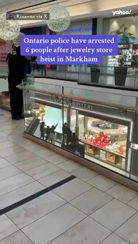 York regional police say they have arrested two men and four teenagers in connection with a smash-and-grab heist at a jewelry store in Markham, Ont.  Police confirmed that they are also are seeking 6 other suspects. #news #yahoo #newstoday #canada #ontario #crime #fyp 
